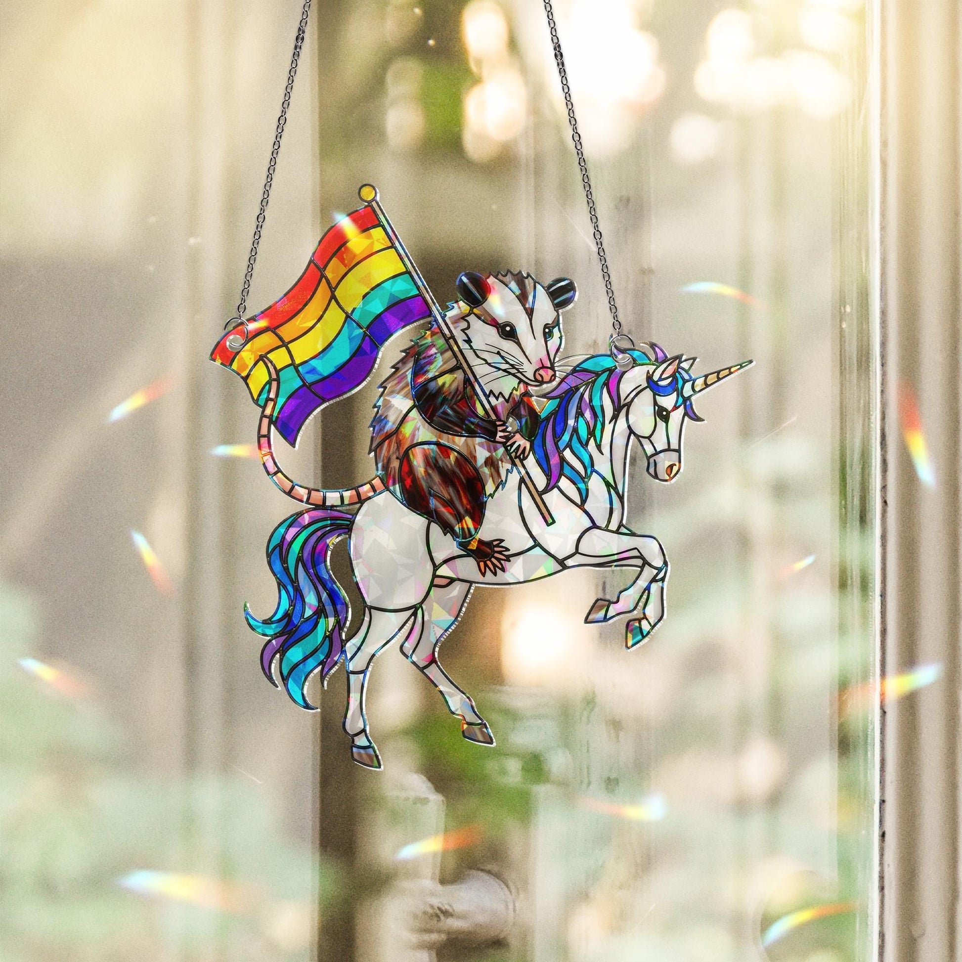 Pride Possum Unicorn Suncatcher | Holographic Acrylic Rainbow Window Decor | Funny LGBTQ+ Animal Gift | Queer Cottagecore Art