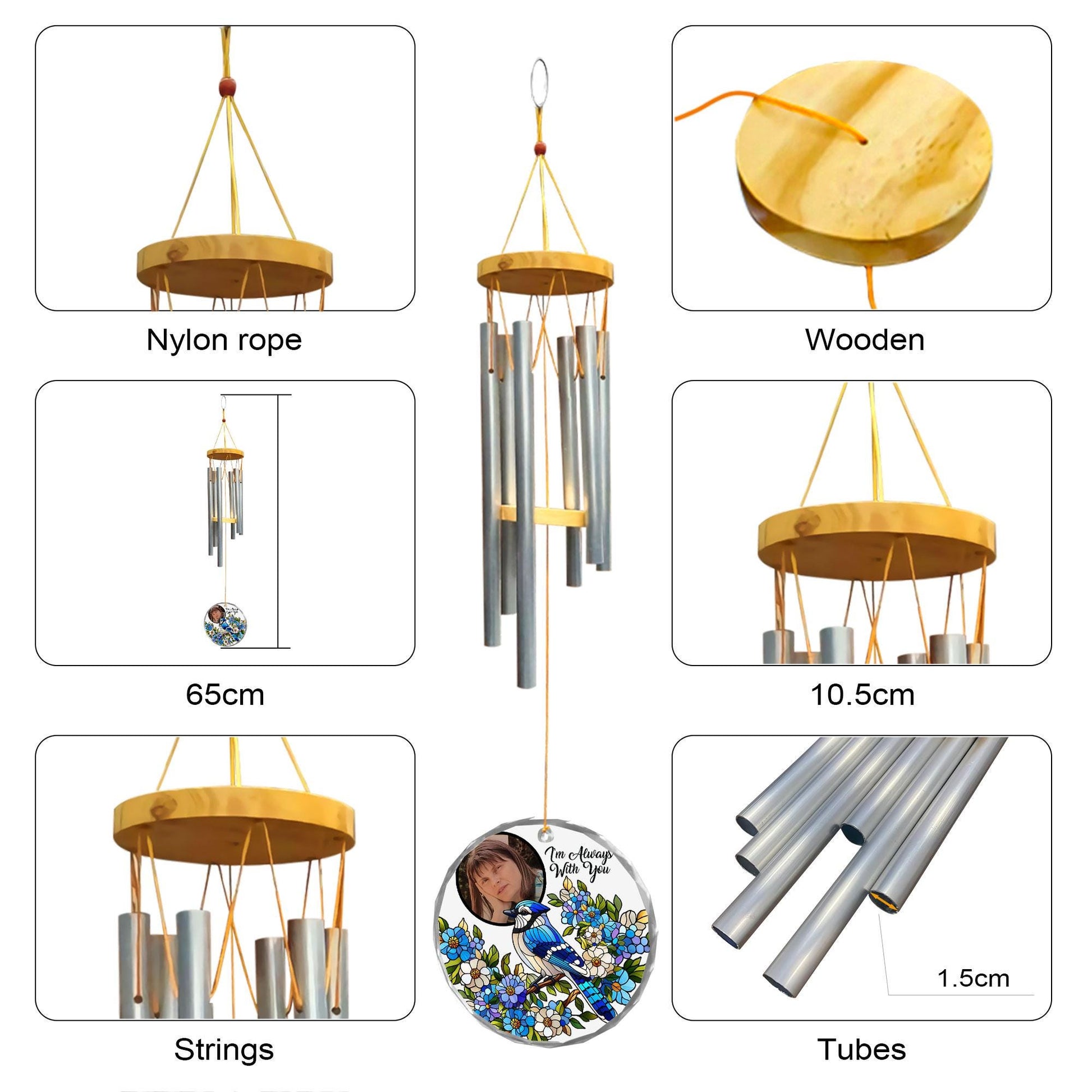 Custom Memorial Wind Chime with Photo, Blue Jay Photo Glass Ornament, I'm Always With You Sympathy Gift, Loss of Loved One