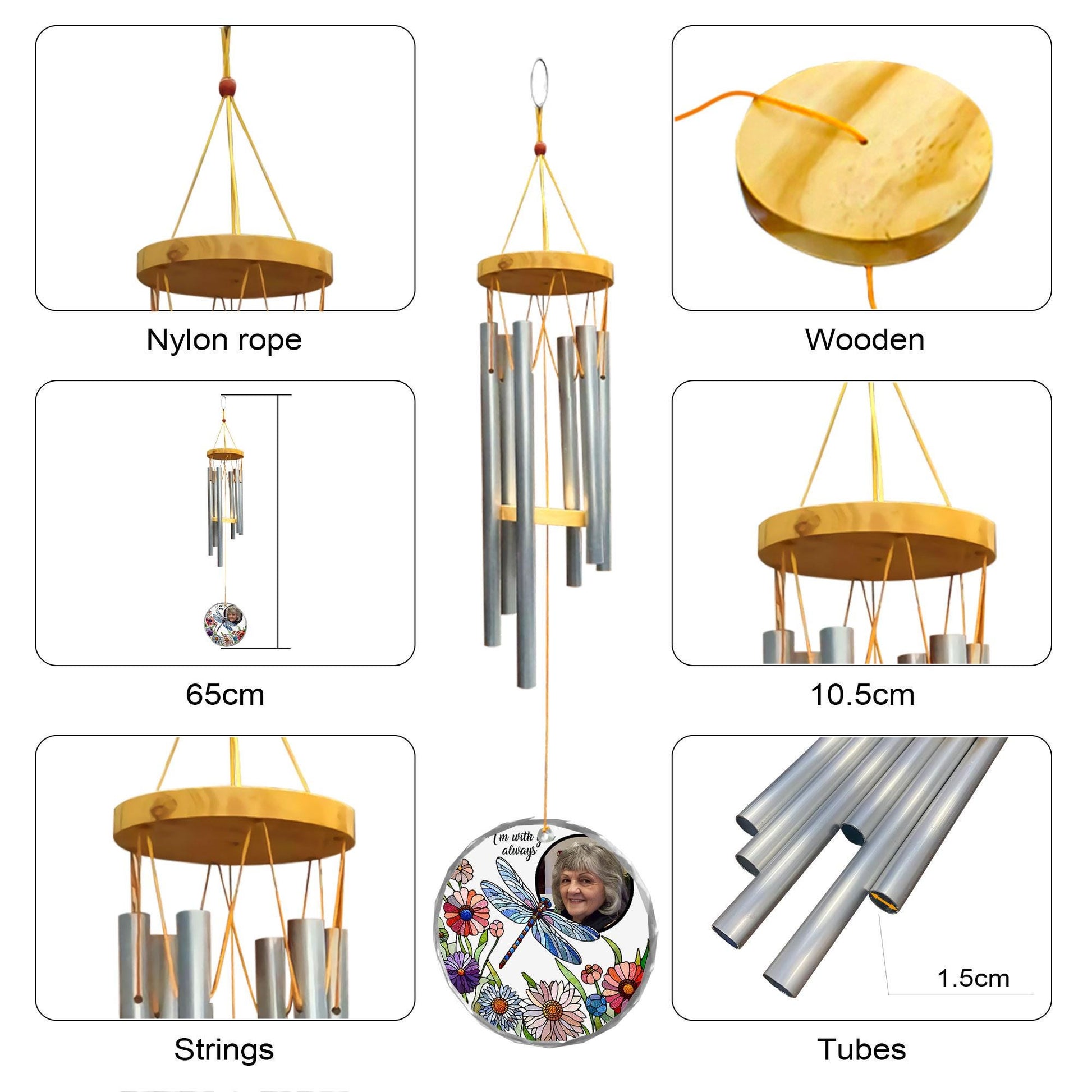 Custom Dragonfly Memorial Wind Chime with Photo, I'm With You Always Gift, Personalized Remembrance Chime for Loss of Loved One