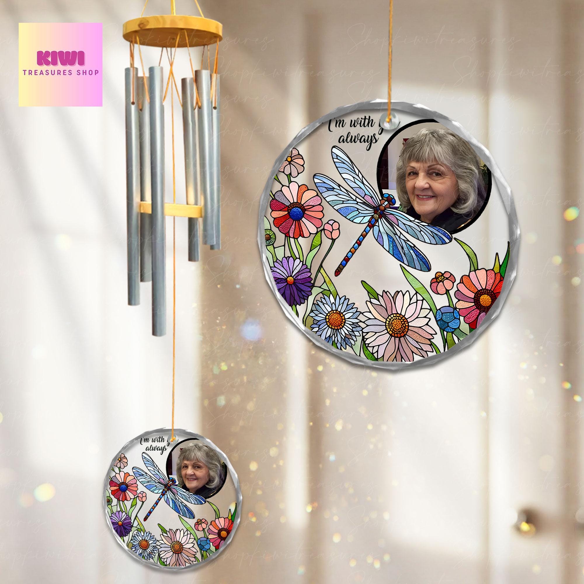 Custom Dragonfly Memorial Wind Chime with Photo, I'm With You Always Gift, Personalized Remembrance Chime for Loss of Loved One