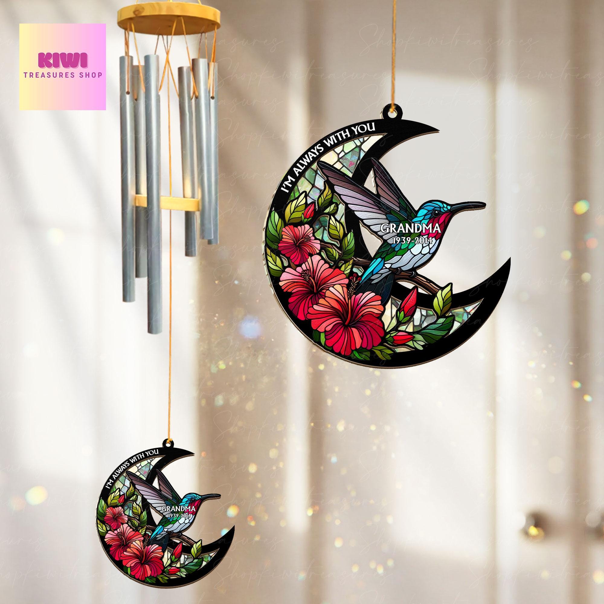 Hummingbird Memorial Wind Chime, Custom Floral Crescent Moon Ornament, I’m Always With You Sympathy Gift, Loss of Loved One