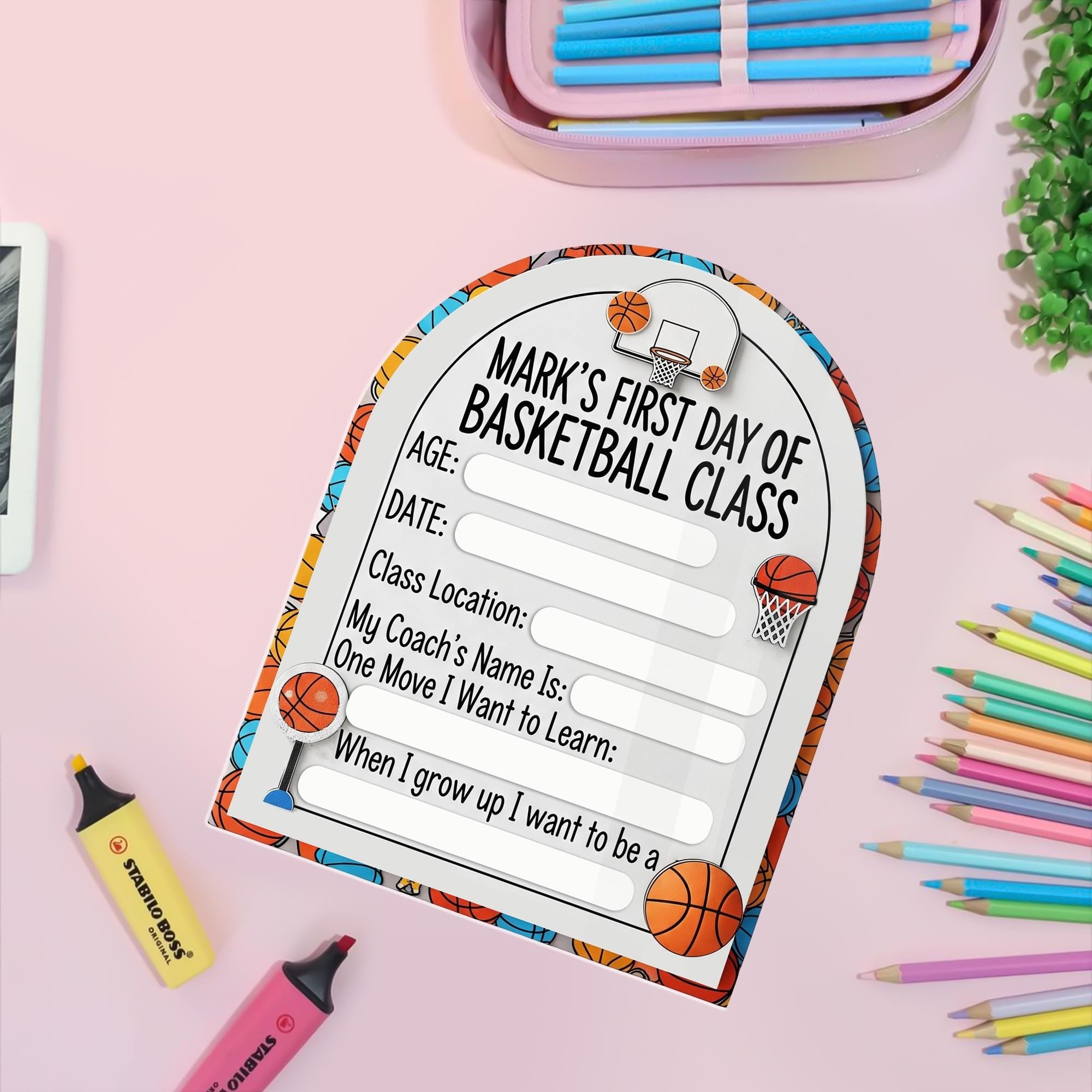 First Day of Basketball Class Sign, Reusable Kid Keepsake Board, Dry Erase Sports Milestone Sign, Custom Wooden Memory Board, Basketball Kid