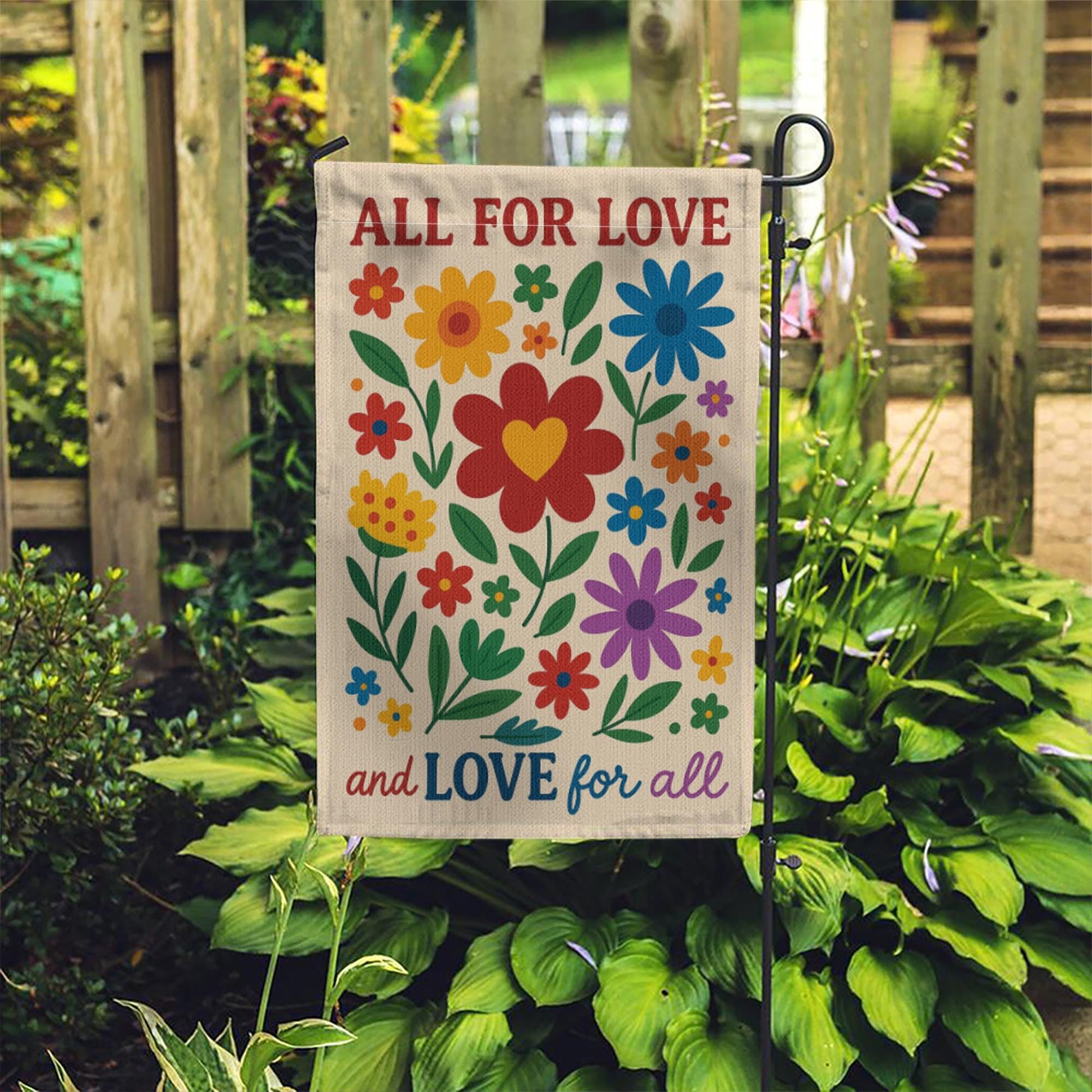 All for Love Garden Flag | Colorful Floral Outdoor Banner | Love for All Yard Decor | Inclusive Pride Summer Porch Decoration