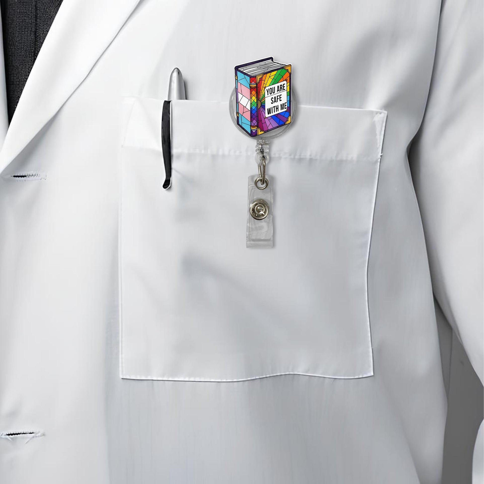 You Are Safe With Me Badge Reel, LGBTQ Book ID Holder, Pride Nurse Badge Clip, Inclusive Teacher Badge, Rainbow Book Reel