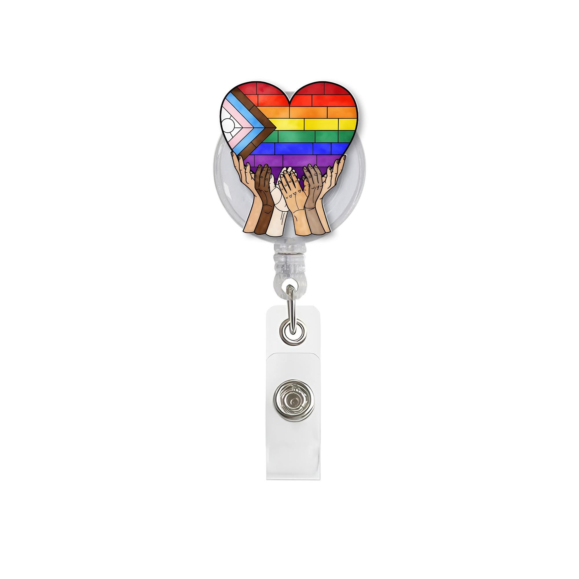 Inclusive Pride Badge Reel, Heart LGBTQ ID Clip, Rainbow Hands Badge Holder, Equality Nurse Badge, Diverse Love Retractable Reel