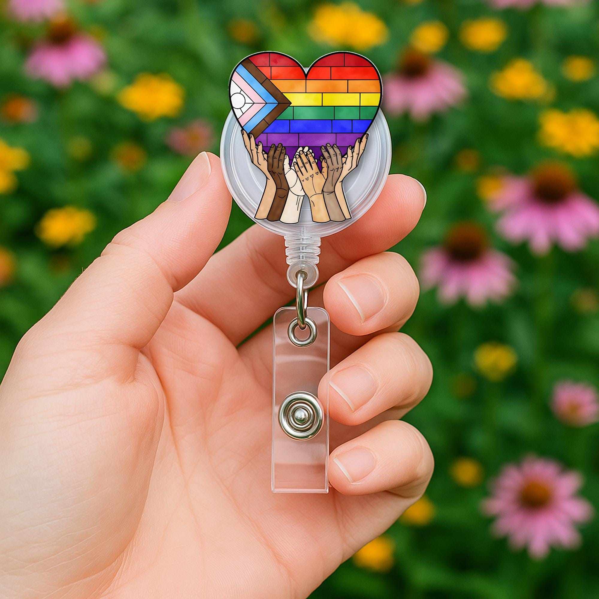 Inclusive Pride Badge Reel, Heart LGBTQ ID Clip, Rainbow Hands Badge Holder, Equality Nurse Badge, Diverse Love Retractable Reel
