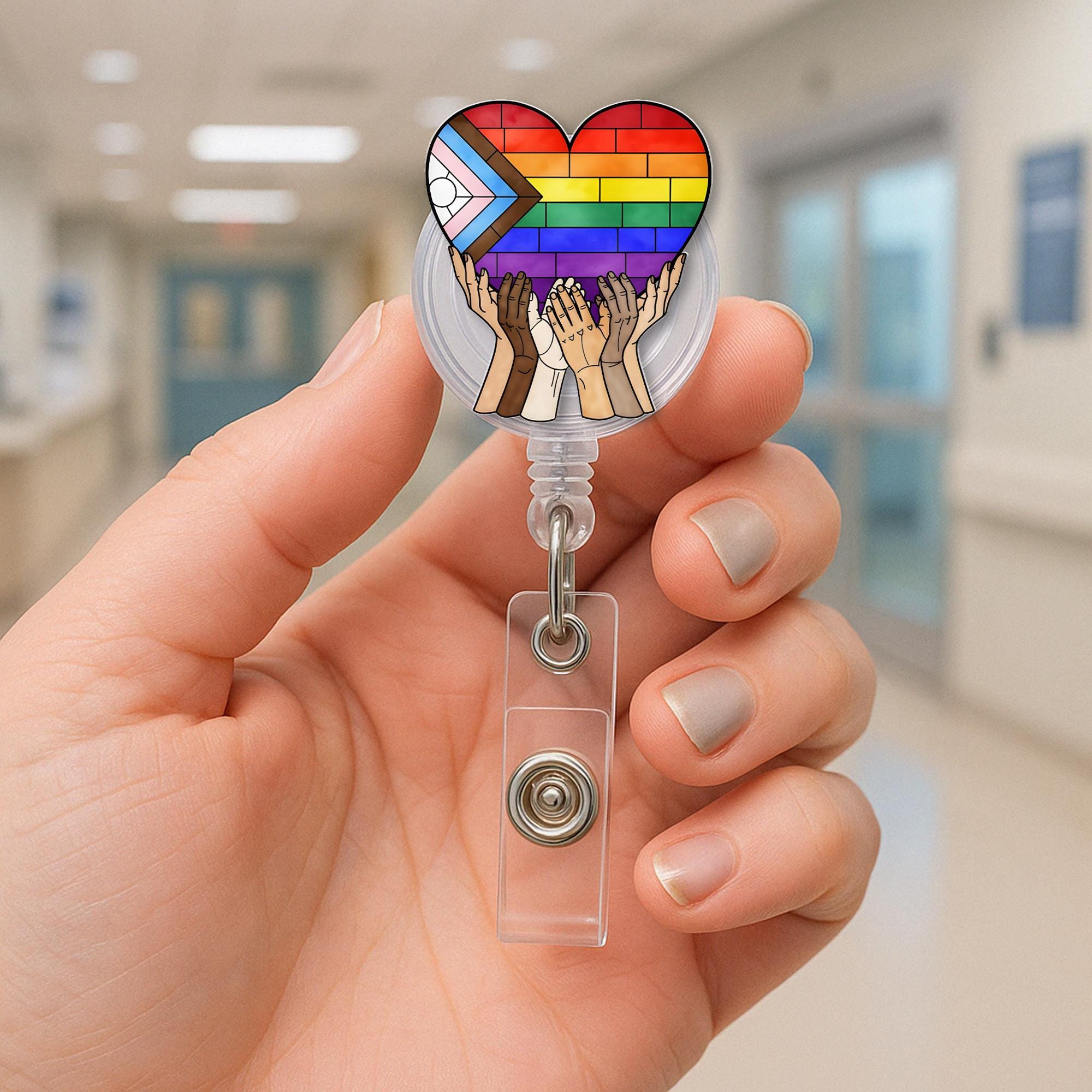 Inclusive Pride Badge Reel, Heart LGBTQ ID Clip, Rainbow Hands Badge Holder, Equality Nurse Badge, Diverse Love Retractable Reel