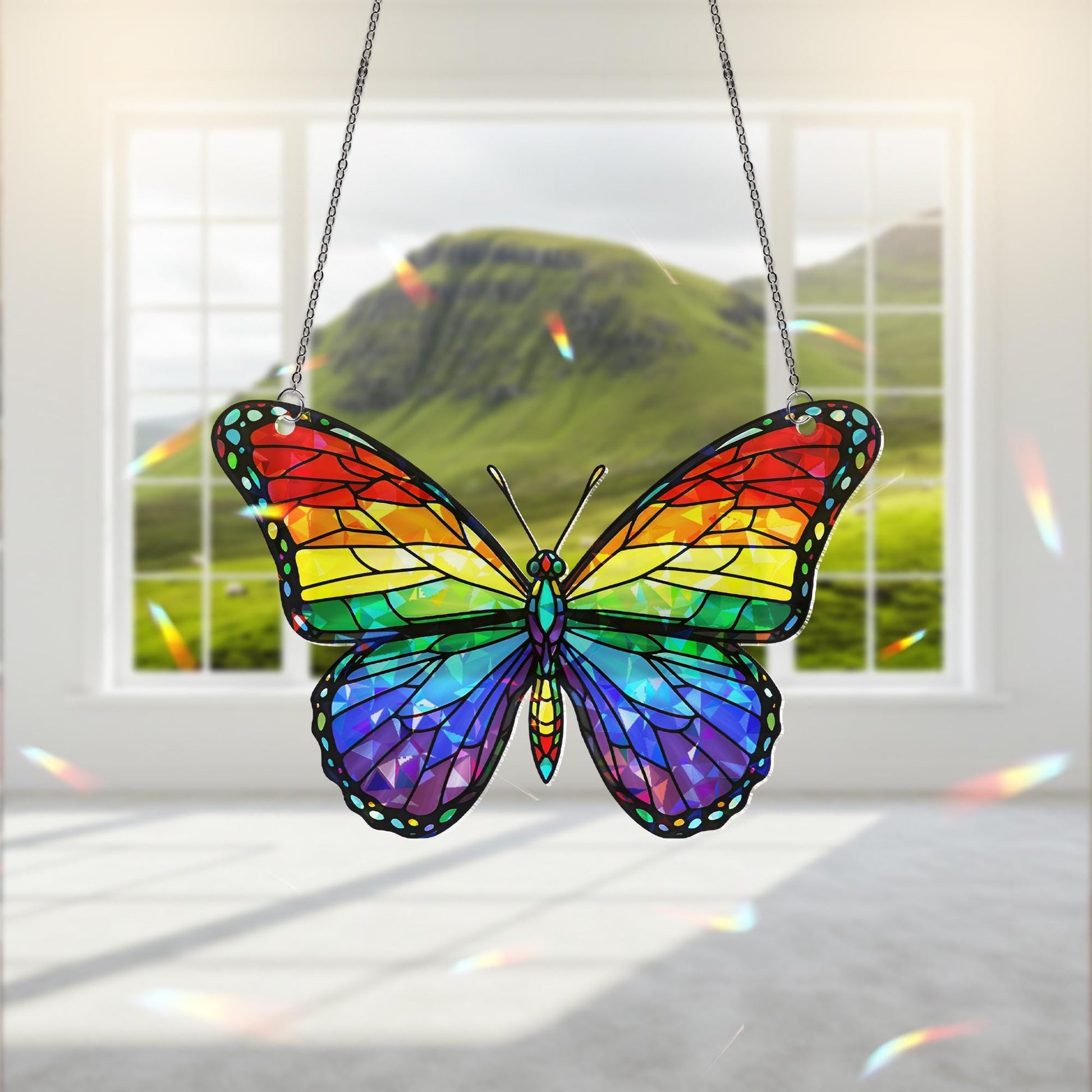 Rainbow Butterfly Suncatcher, Pride Window Decor, Holographic LGBT Butterfly, Stained Glass Style Hanging, Rainbow Prism Art