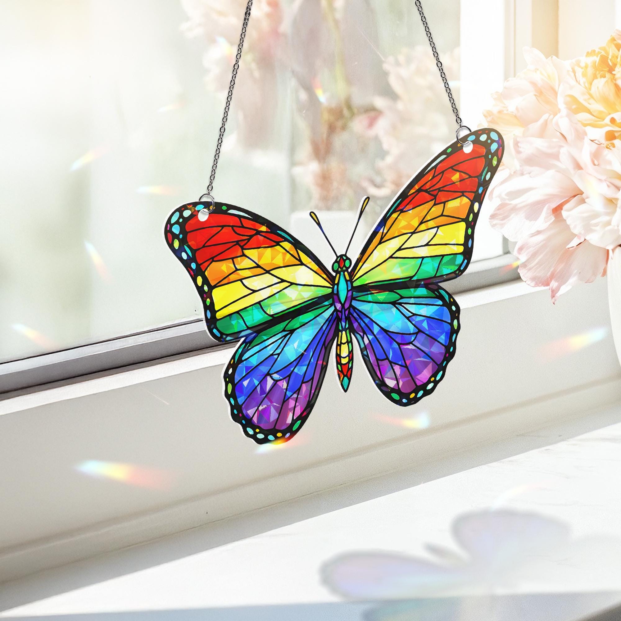 Rainbow Butterfly Suncatcher, Pride Window Decor, Holographic LGBT Butterfly, Stained Glass Style Hanging, Rainbow Prism Art
