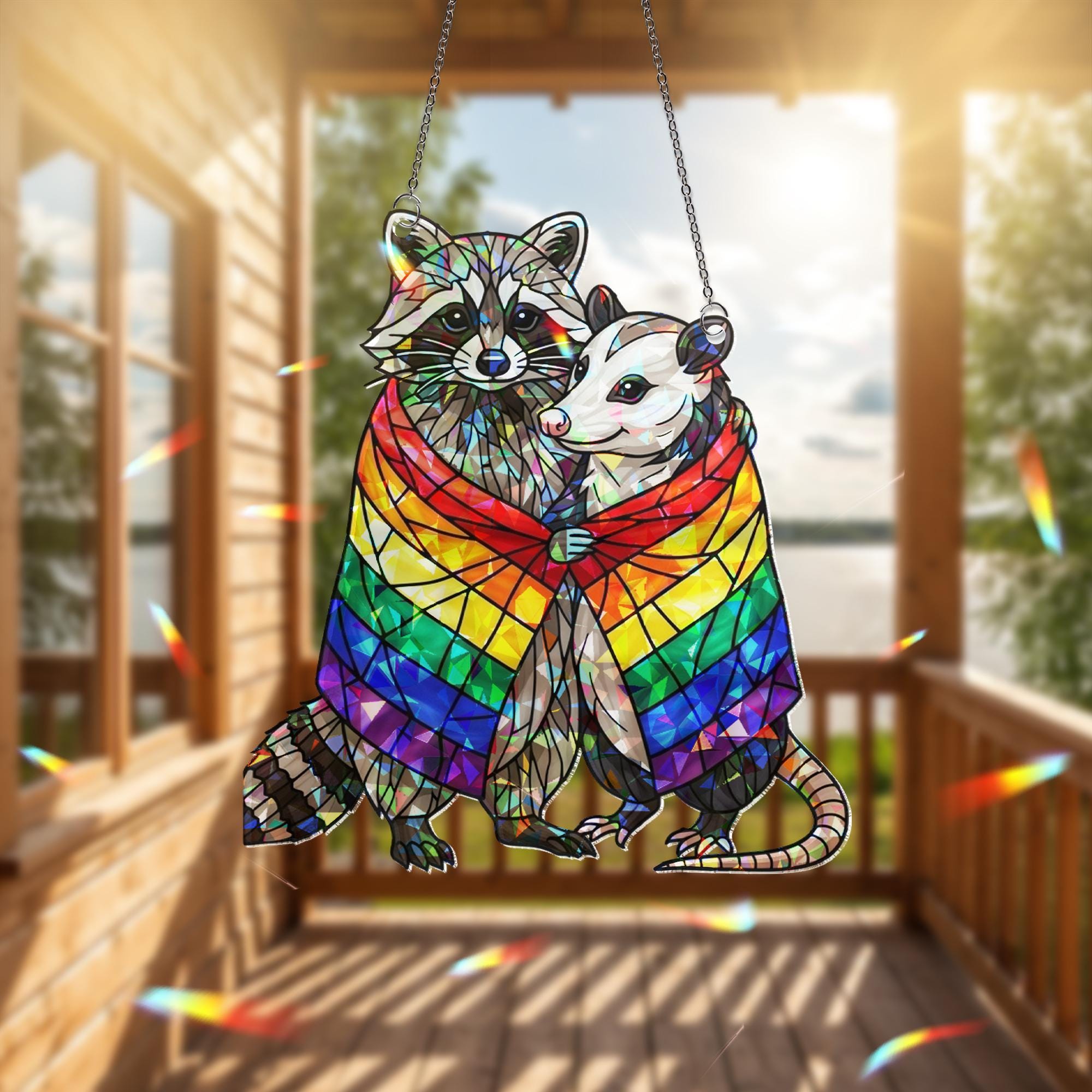 Pride Raccoon Hugging Possum Hologram Decor, Funny Lgbt Decor, Trash Panda Decor, Lgbt Animal Art, Funny Home Decor, Gift For Her