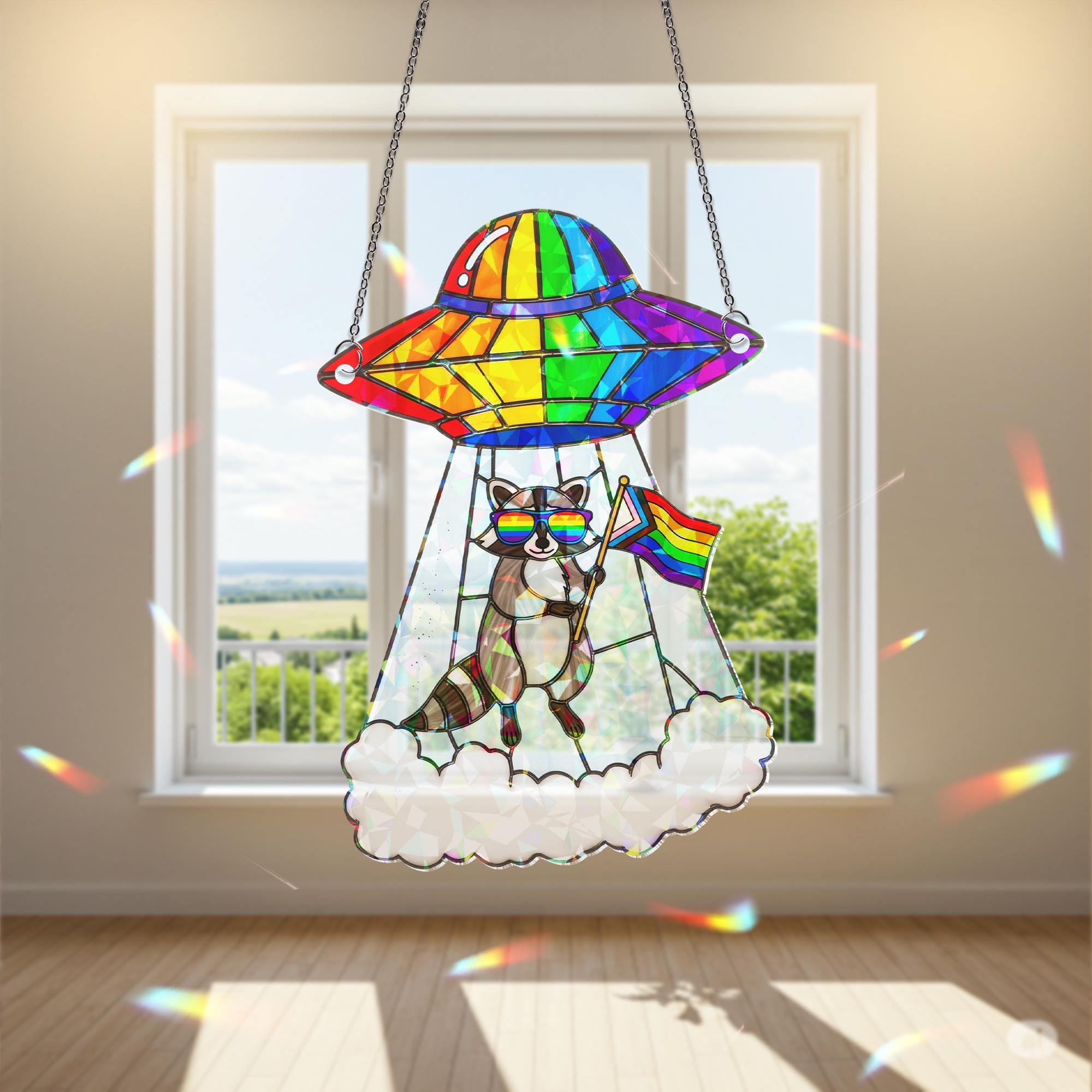 Funny Pride Raccoon UFO Suncatcher | Holographic Acrylic Alien Rainbow Window Decor | LGBTQ+ Quirky Room or Office Gift