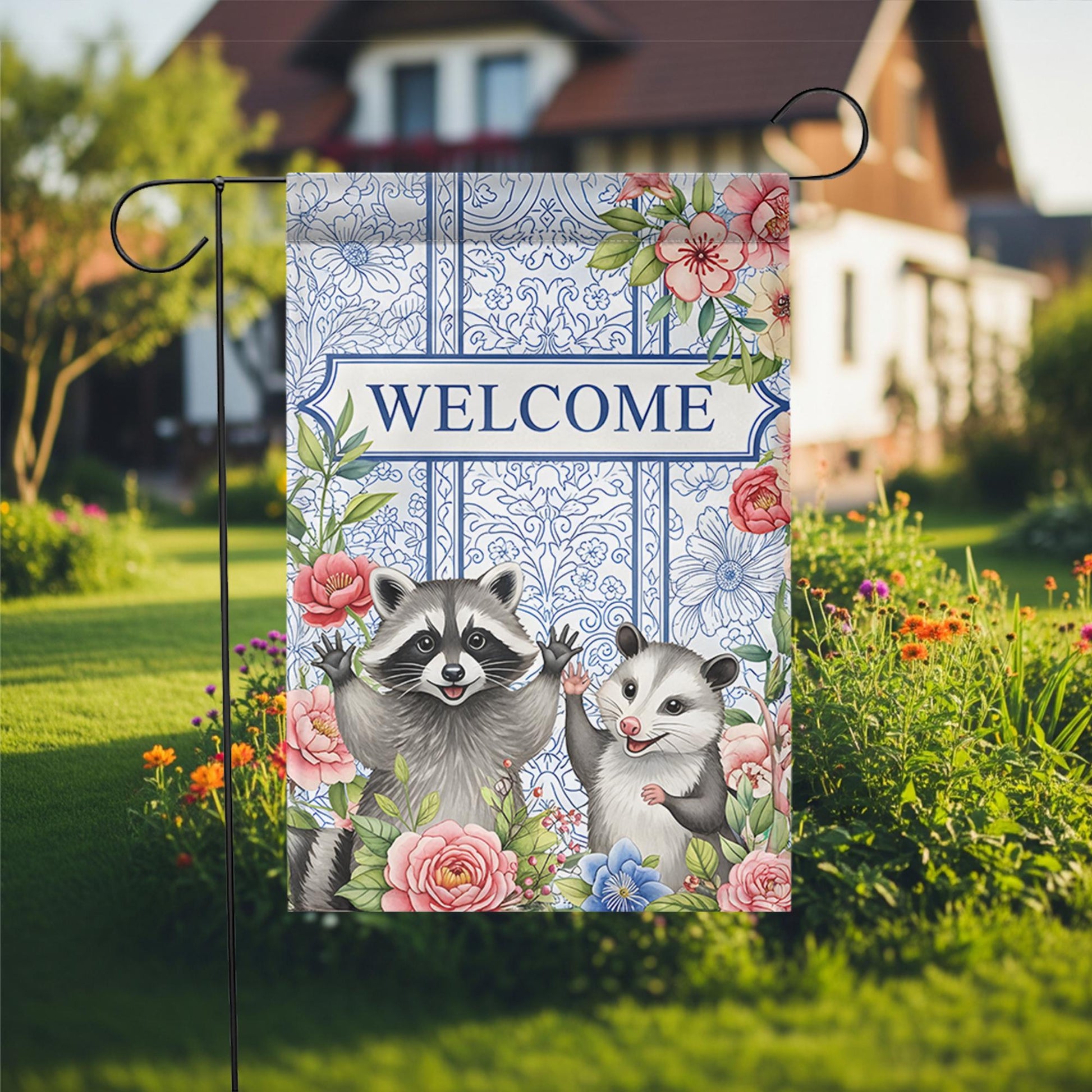 Raccoon And Possum Welcome Garden Flag, Trash Panda House Flag, Kute Animal Flag Decor, Animal Outdoor Banner, Raccoon Lover, Possum Welcome