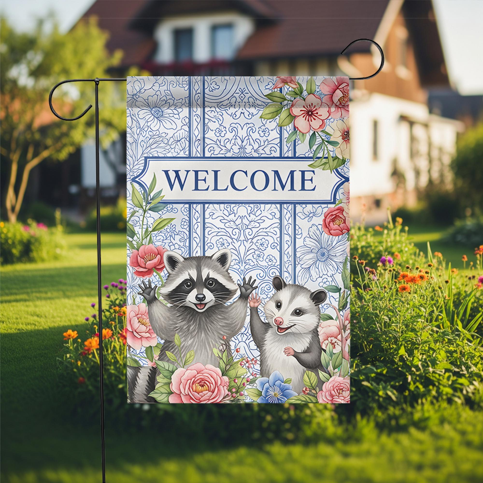 Raccoon And Possum Welcome Garden Flag, Trash Panda House Flag, Kute Animal Flag Decor, Animal Outdoor Banner, Raccoon Lover, Possum Welcome