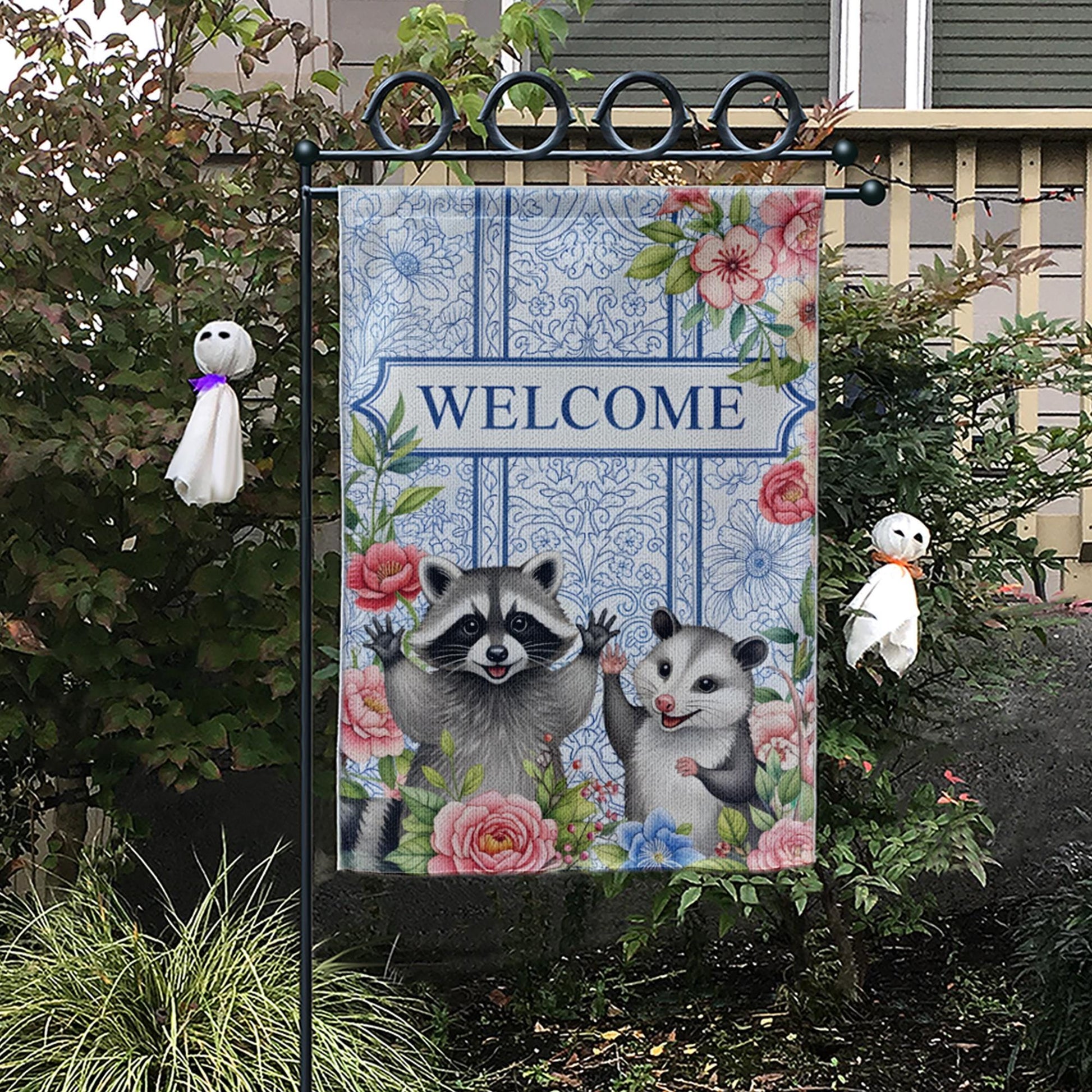Raccoon And Possum Welcome Garden Flag, Trash Panda House Flag, Kute Animal Flag Decor, Animal Outdoor Banner, Raccoon Lover, Possum Welcome