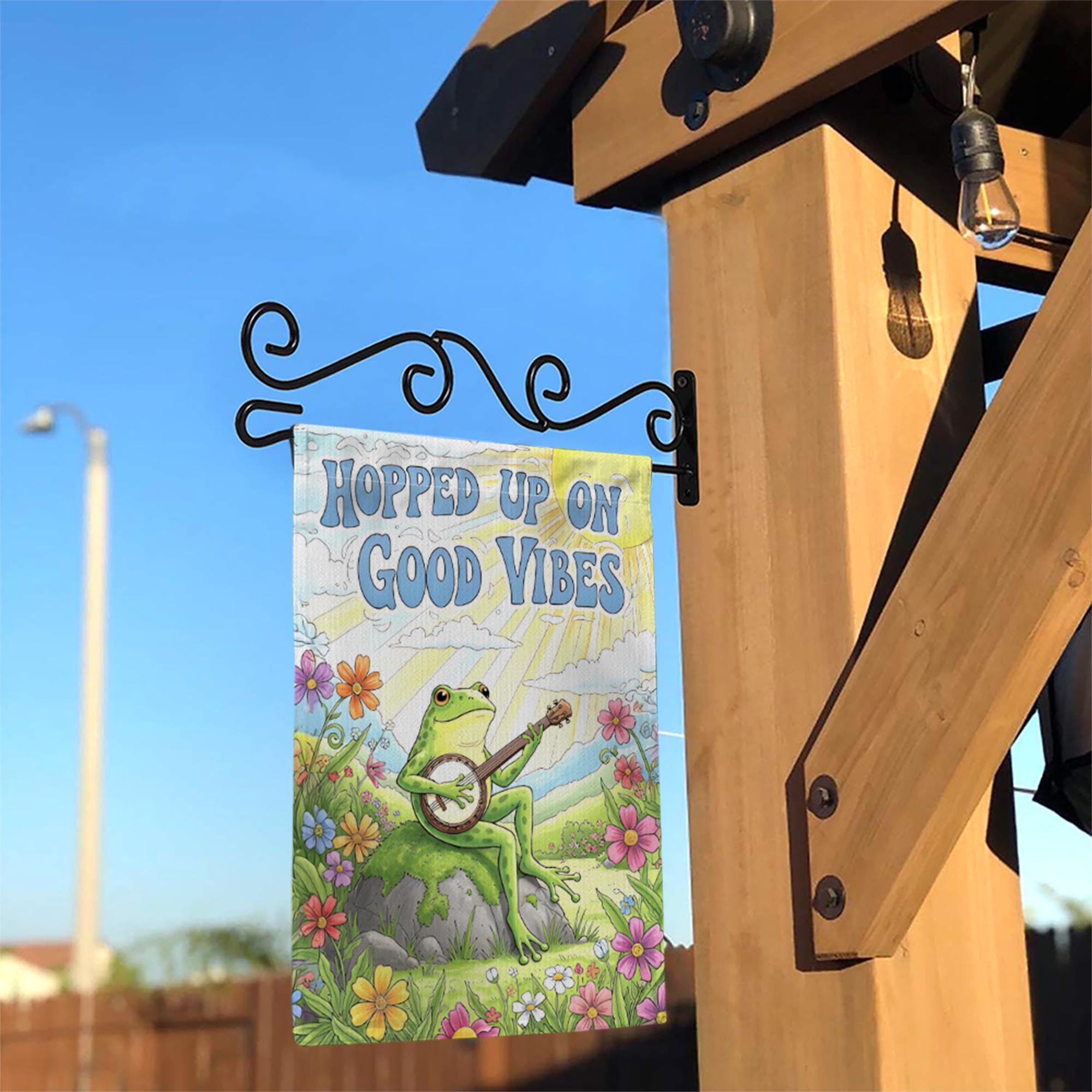 Frog Banjo Garden Flag, Hopped Up On Good Vibes Flag, Funny Outdoor Decor, Spring Yard Sign, Cute Animal Garden Banner, Hippie Flag Style