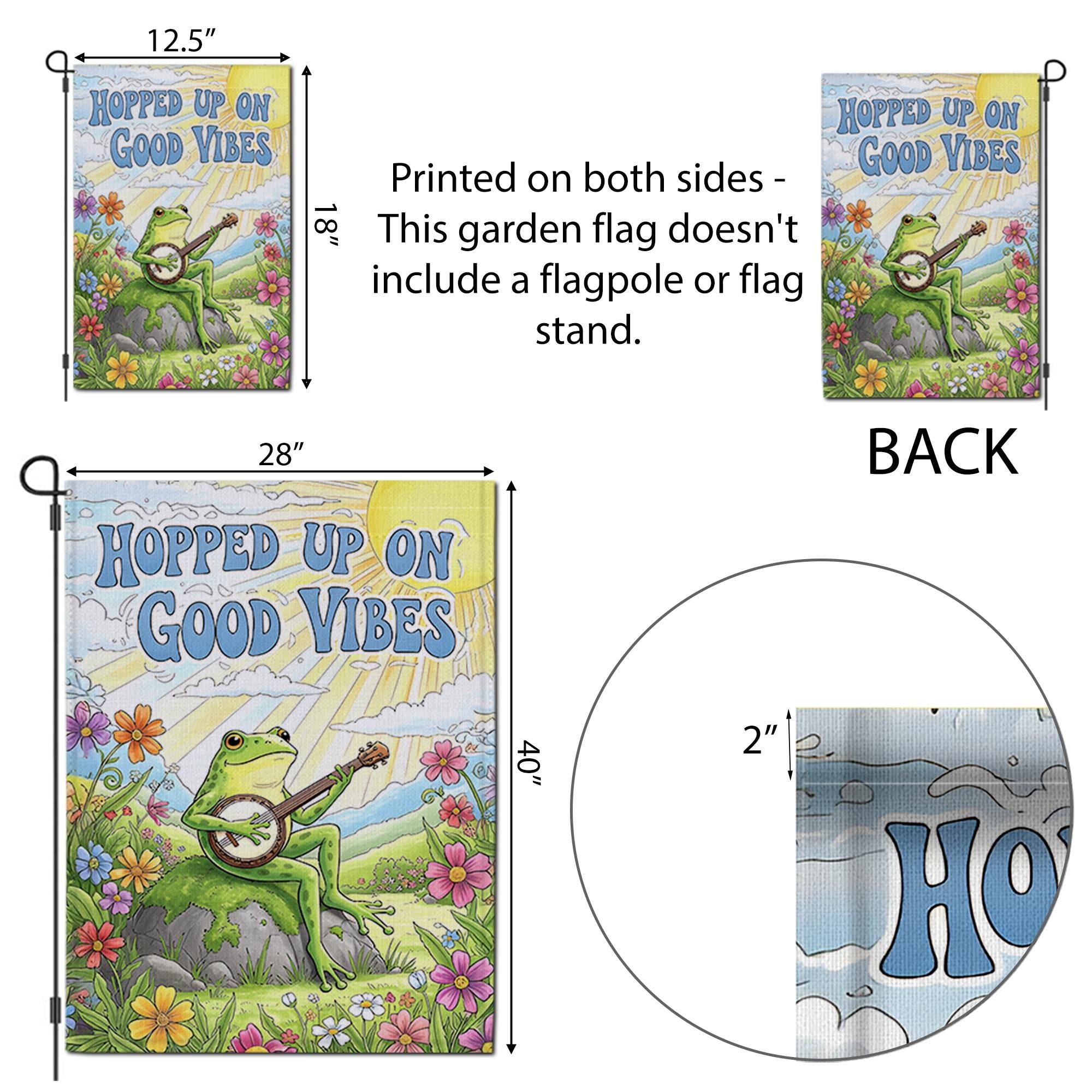 Frog Banjo Garden Flag, Hopped Up On Good Vibes Flag, Funny Outdoor Decor, Spring Yard Sign, Cute Animal Garden Banner, Hippie Flag Style