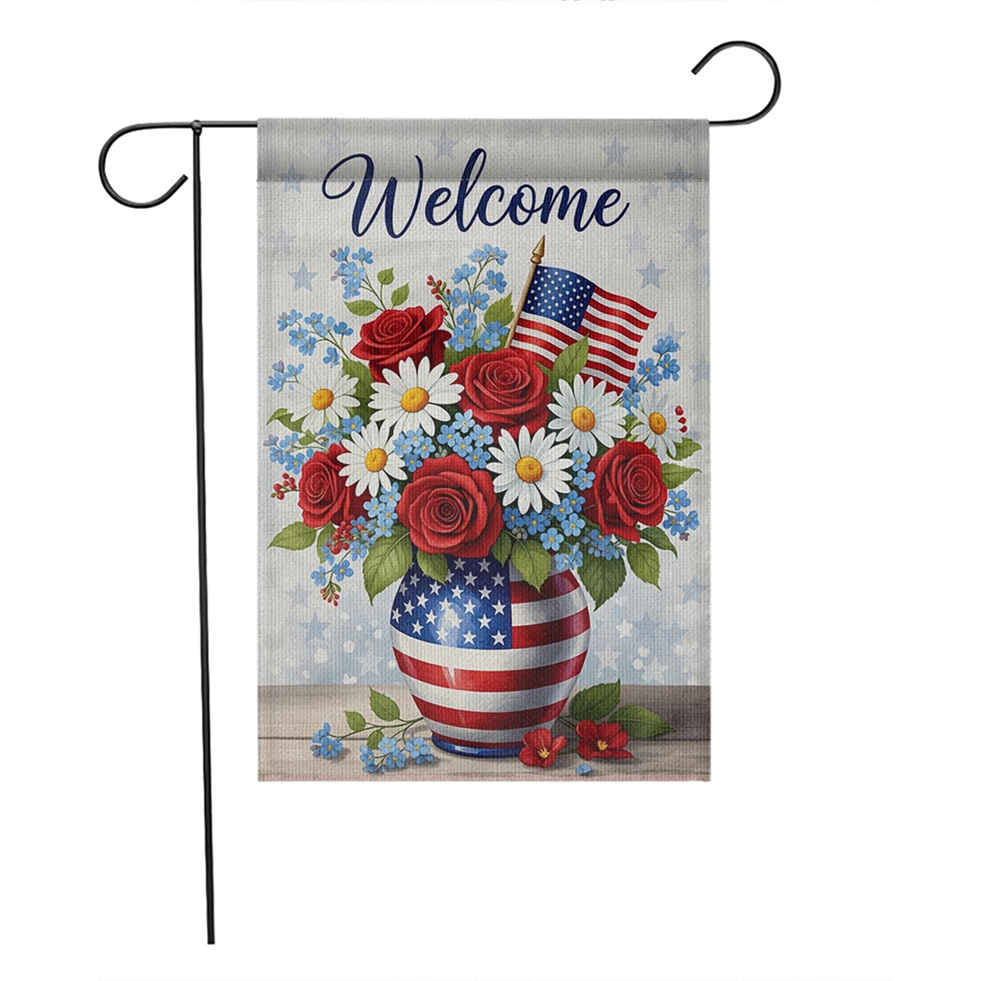 Welcome 4th of July Garden Flag – Patriotic Floral American Flag Yard Decor, Summer Outdoor Decoration, Red White Blue Welcome Banner