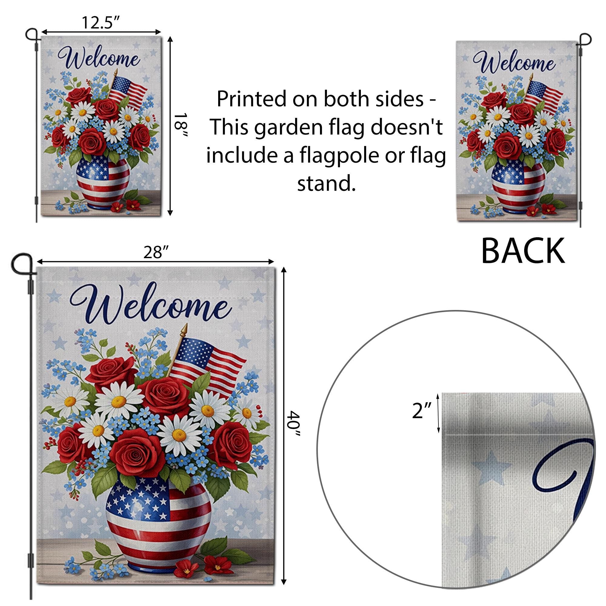 Welcome 4th of July Garden Flag – Patriotic Floral American Flag Yard Decor, Summer Outdoor Decoration, Red White Blue Welcome Banner