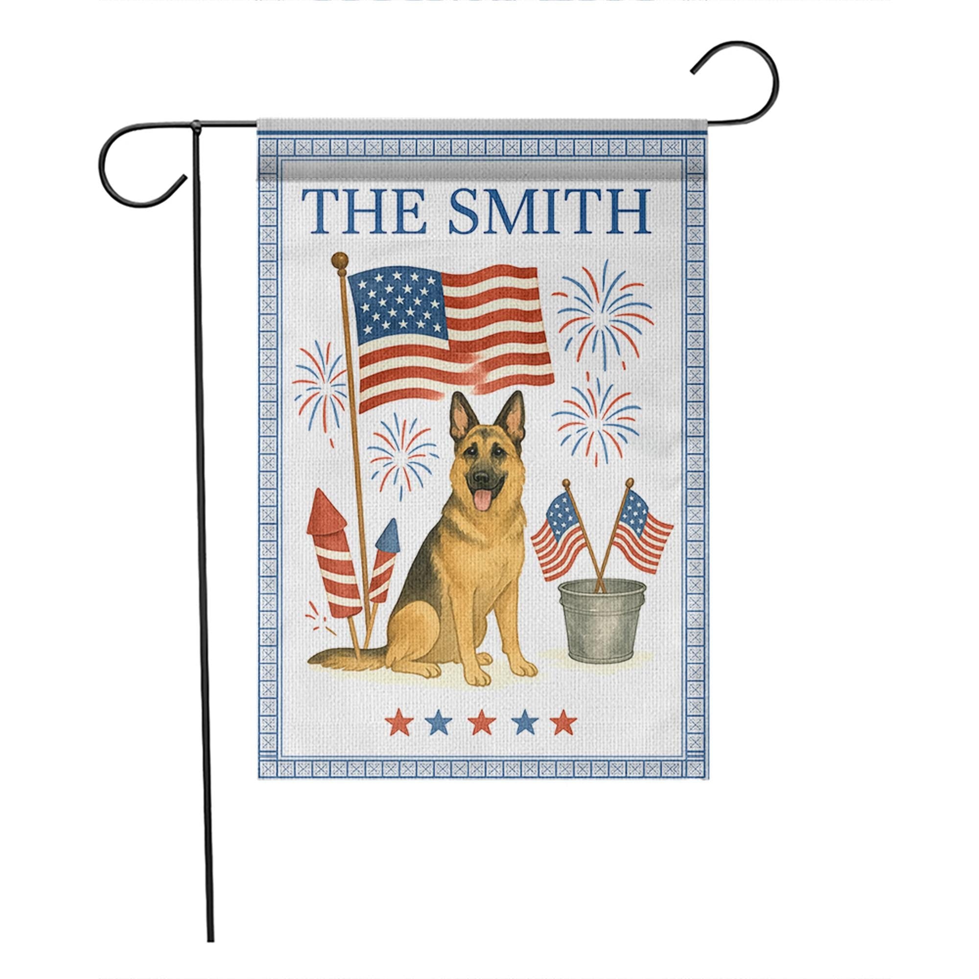 Custom 4th of July Dog Garden Flag | Personalized Patriotic Yard Banner | American Flag Fireworks Decor | Family Name Outdoor Sign