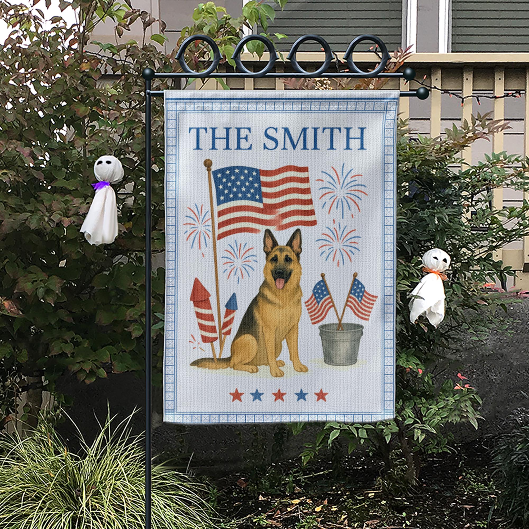 Custom 4th of July Dog Garden Flag | Personalized Patriotic Yard Banner | American Flag Fireworks Decor | Family Name Outdoor Sign