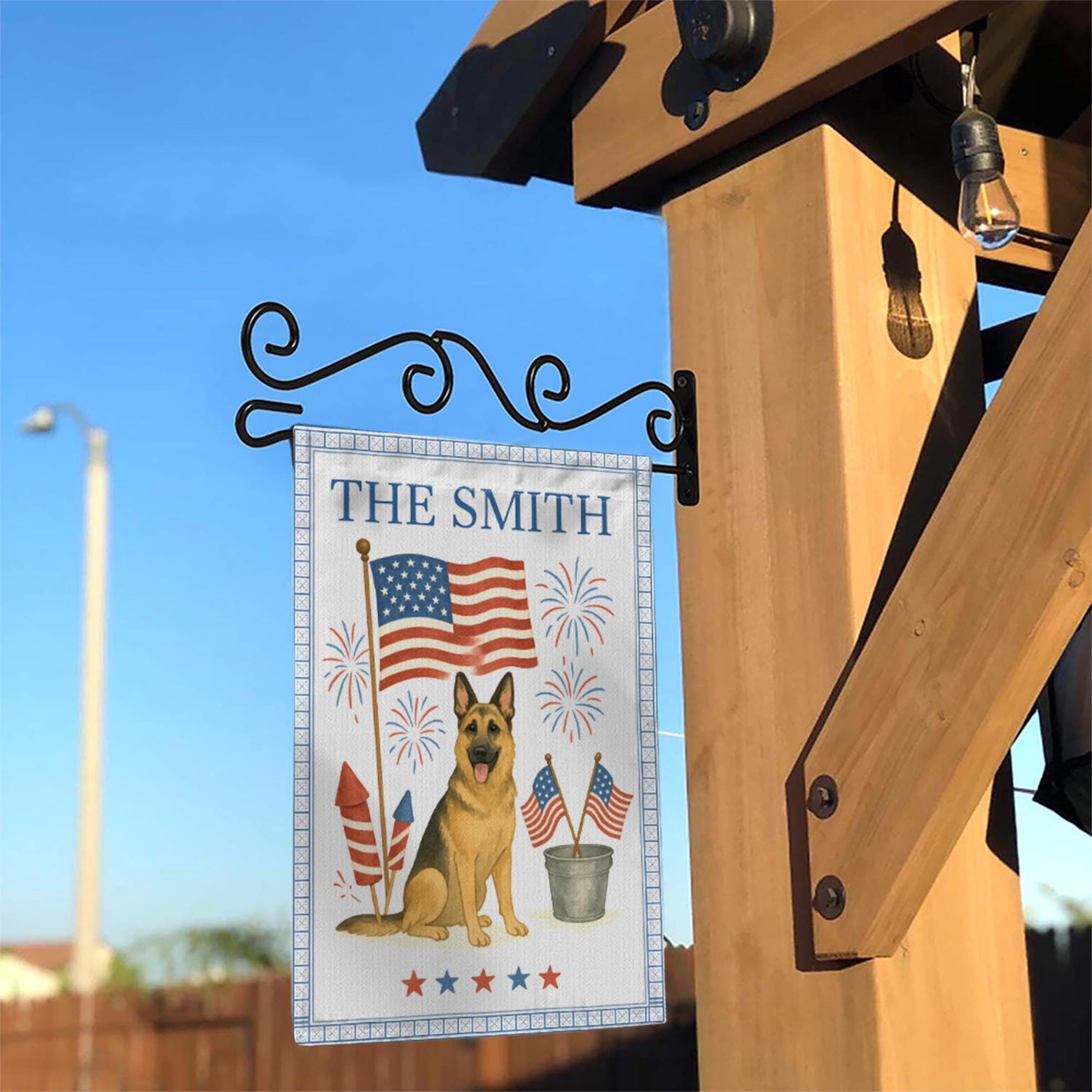 Custom 4th of July Dog Garden Flag | Personalized Patriotic Yard Banner | American Flag Fireworks Decor | Family Name Outdoor Sign