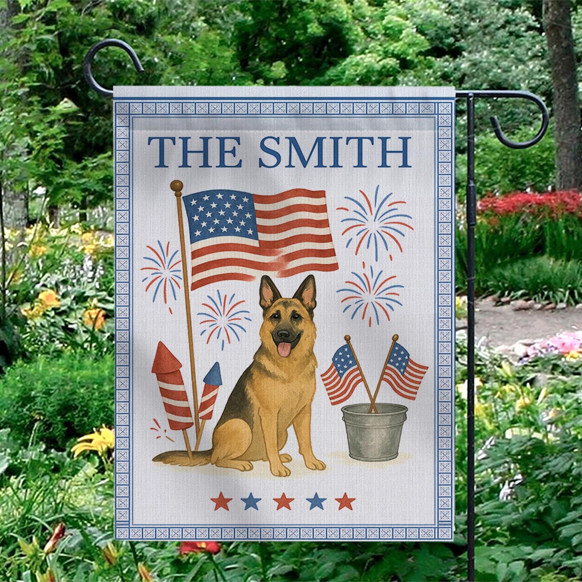Custom 4th of July Dog Garden Flag | Personalized Patriotic Yard Banner | American Flag Fireworks Decor | Family Name Outdoor Sign