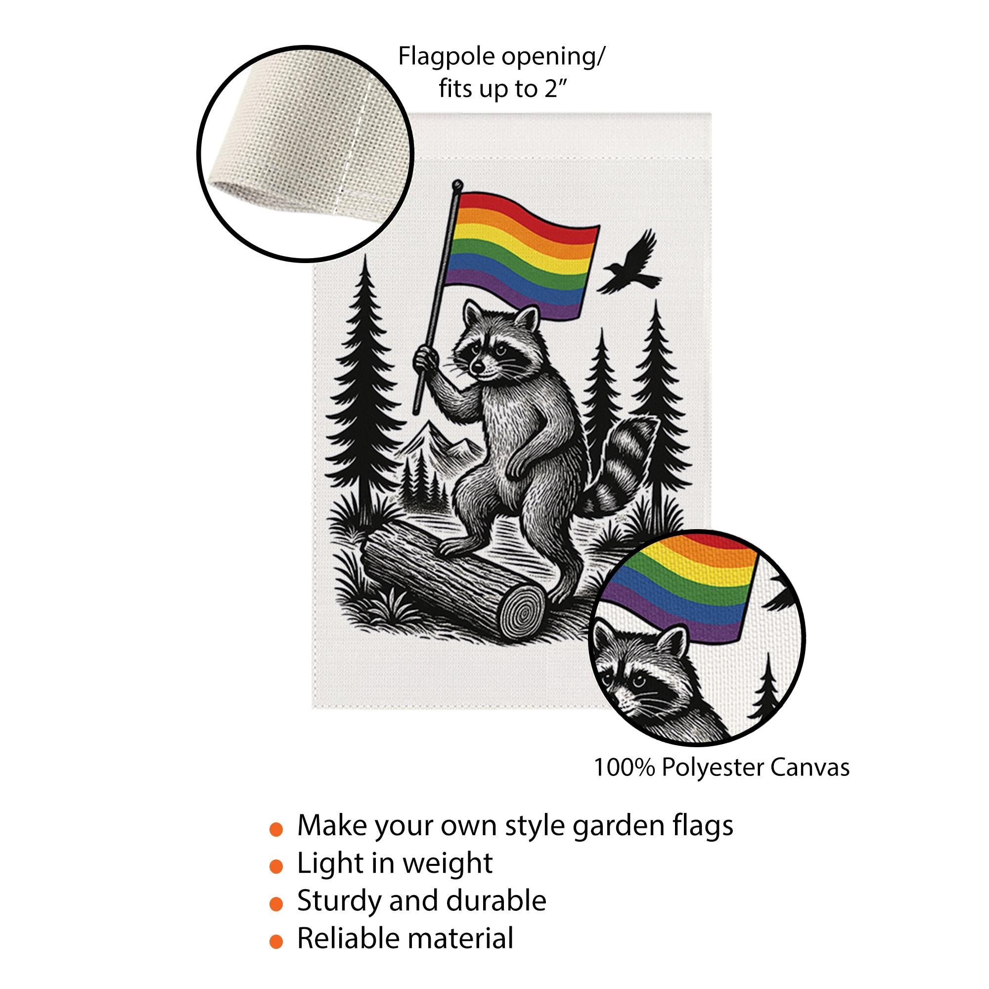 LGBT Raccoon Garden Flag – Rainbow Pride Outdoor Yard Decor, LGBTQ+ Forest Theme Flag, Funny Gay Pride Flag for Garden or Patio