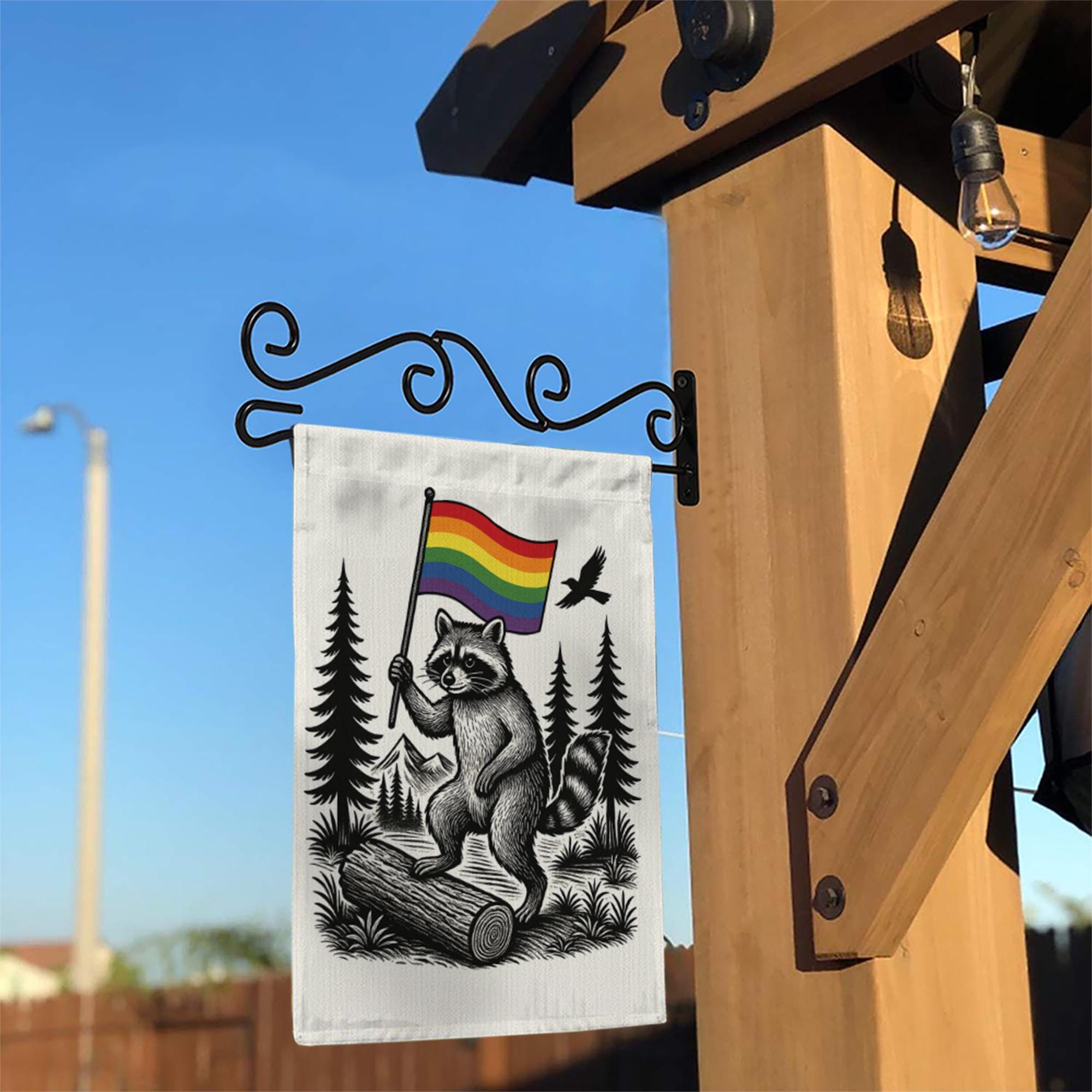 LGBT Raccoon Garden Flag – Rainbow Pride Outdoor Yard Decor, LGBTQ+ Forest Theme Flag, Funny Gay Pride Flag for Garden or Patio