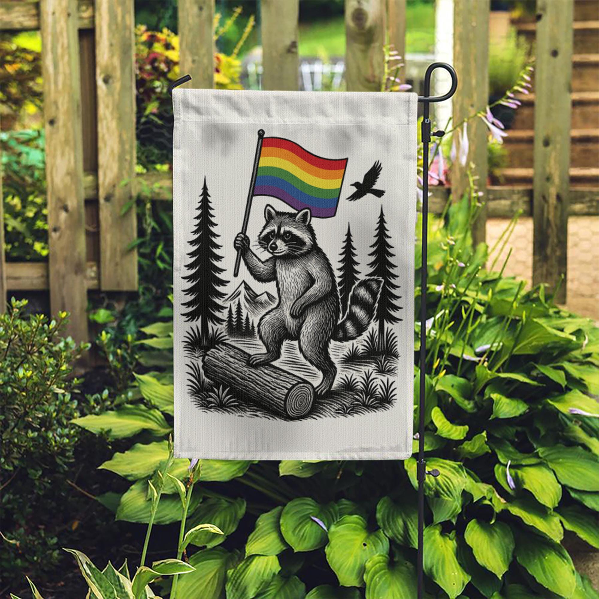 LGBT Raccoon Garden Flag – Rainbow Pride Outdoor Yard Decor, LGBTQ+ Forest Theme Flag, Funny Gay Pride Flag for Garden or Patio
