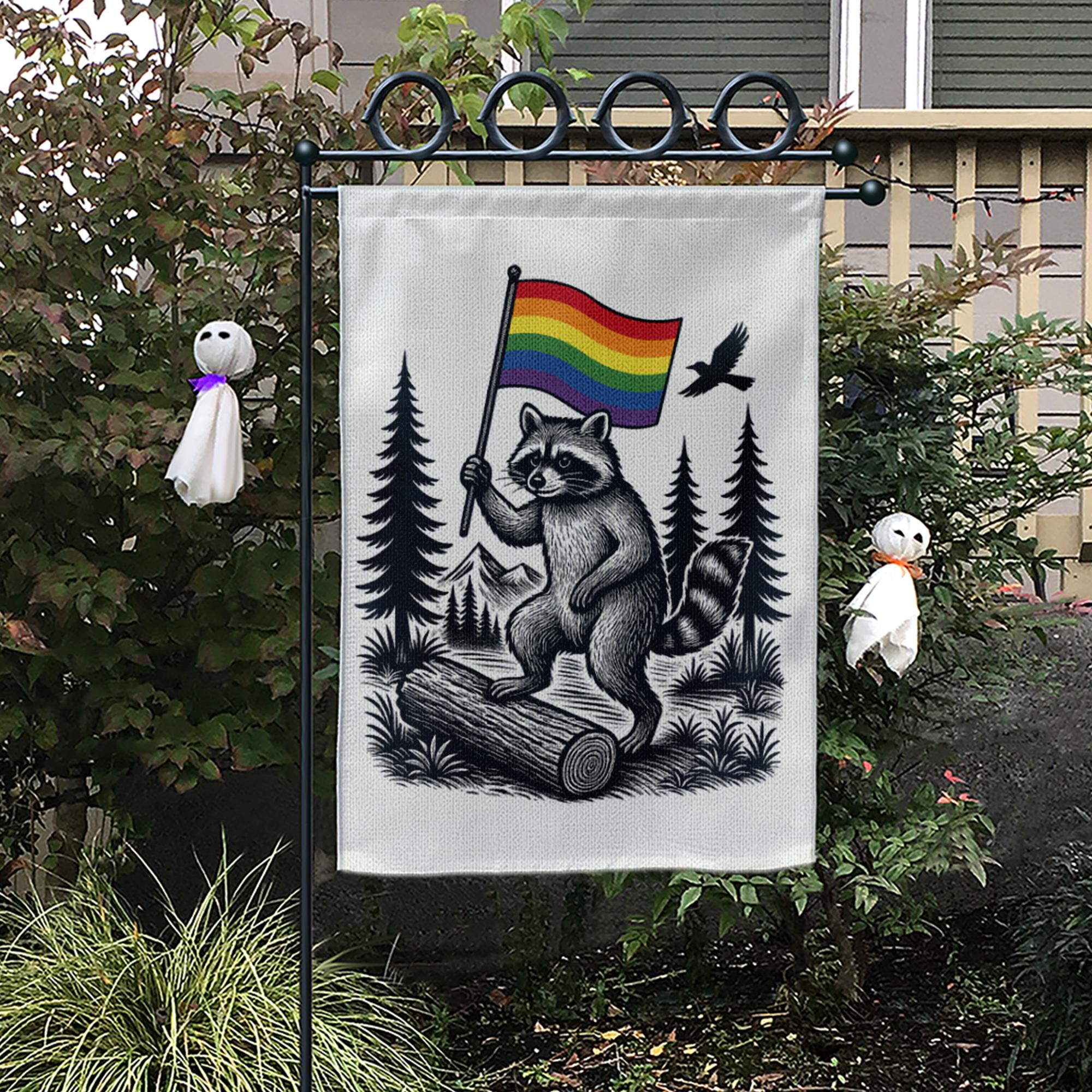 LGBT Raccoon Garden Flag – Rainbow Pride Outdoor Yard Decor, LGBTQ+ Forest Theme Flag, Funny Gay Pride Flag for Garden or Patio