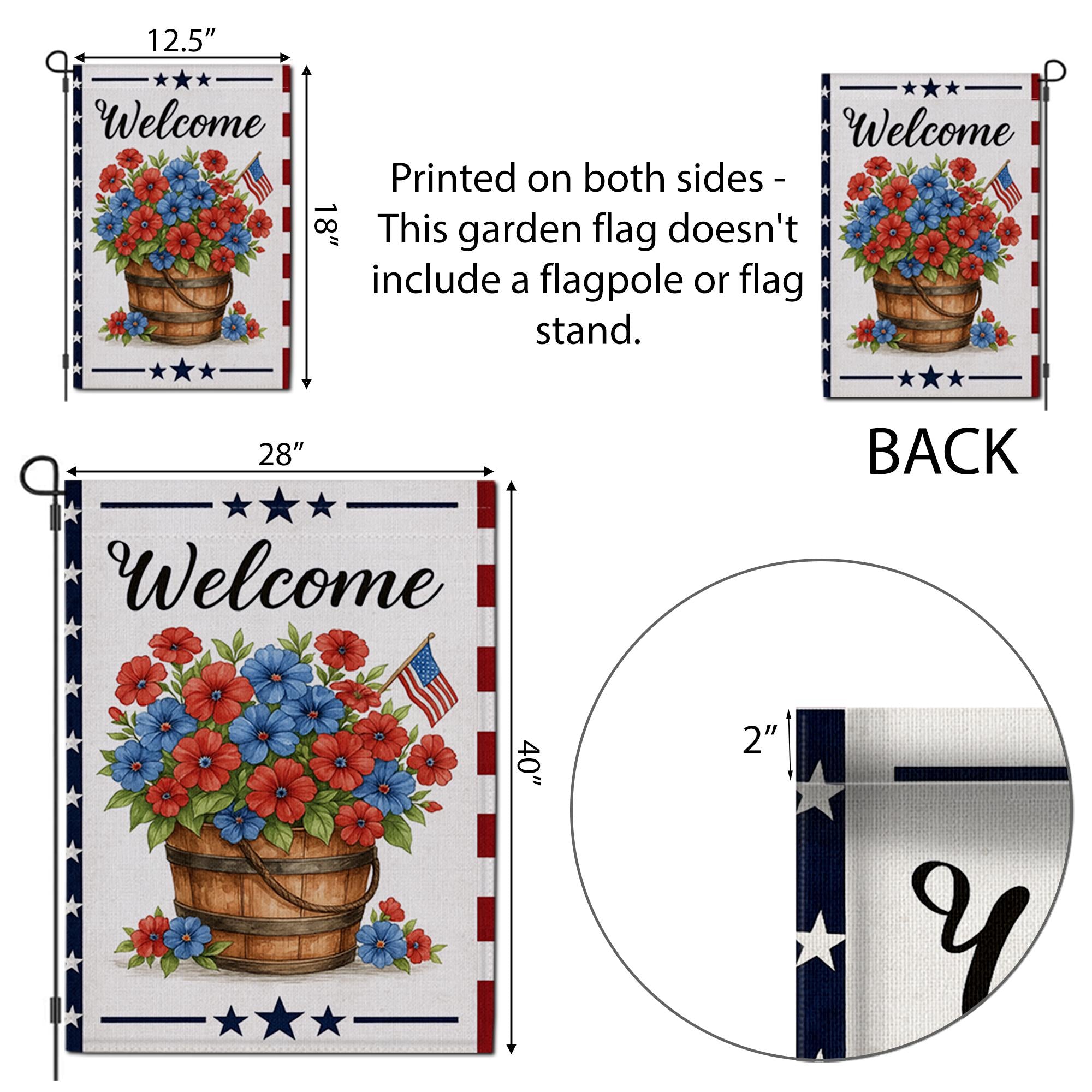 Patriotic Welcome Garden Flag – Red Blue Floral Basket with USA Flag, Outdoor Yard Decor for 4th of July & Summer