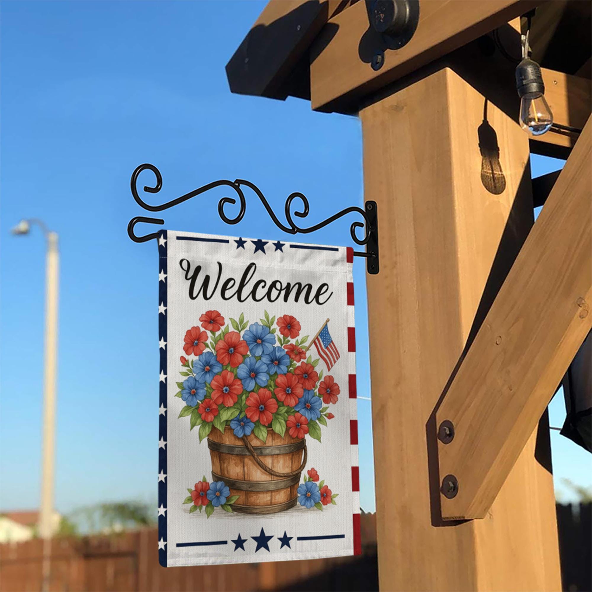 Patriotic Welcome Garden Flag – Red Blue Floral Basket with USA Flag, Outdoor Yard Decor for 4th of July & Summer
