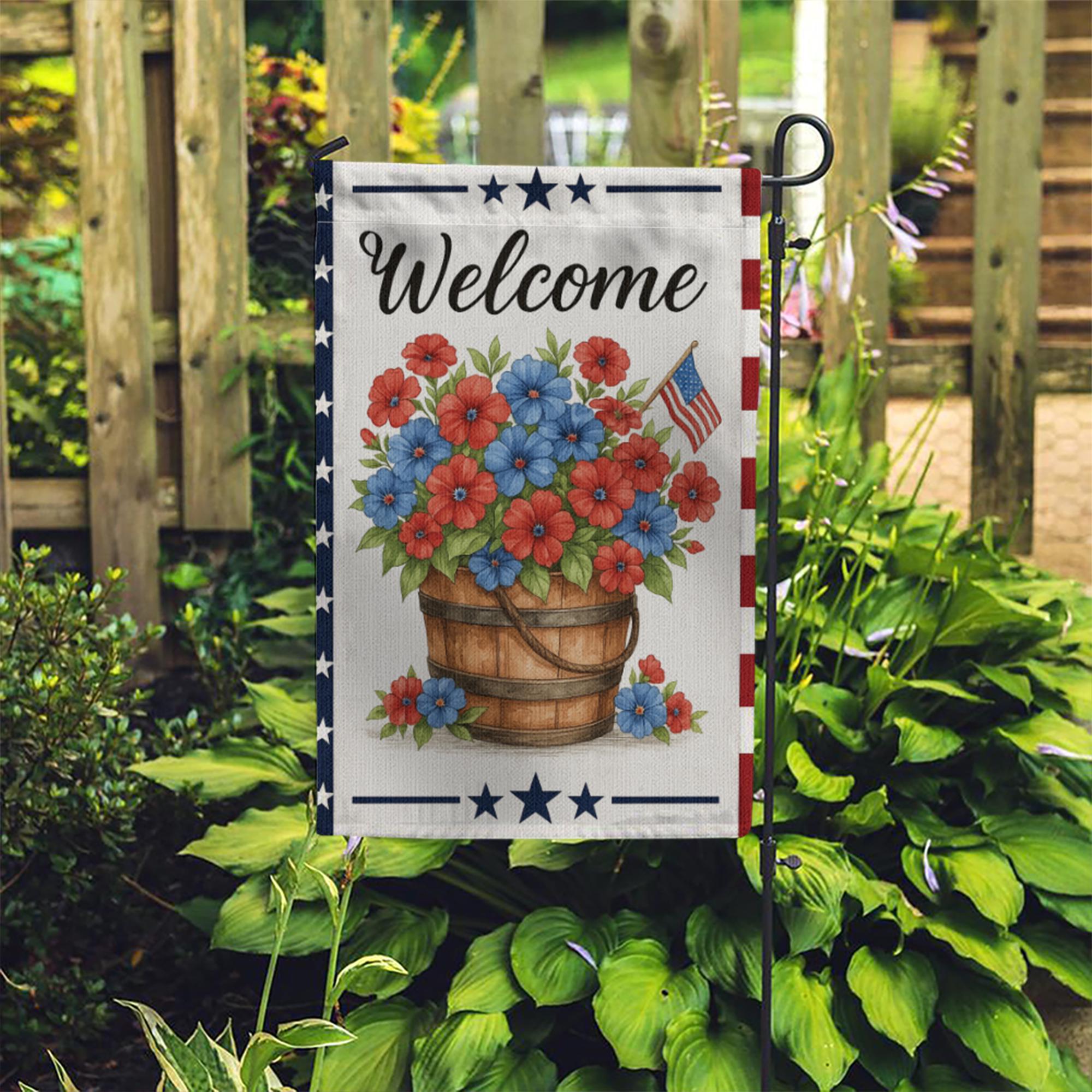 Patriotic Welcome Garden Flag – Red Blue Floral Basket with USA Flag, Outdoor Yard Decor for 4th of July & Summer