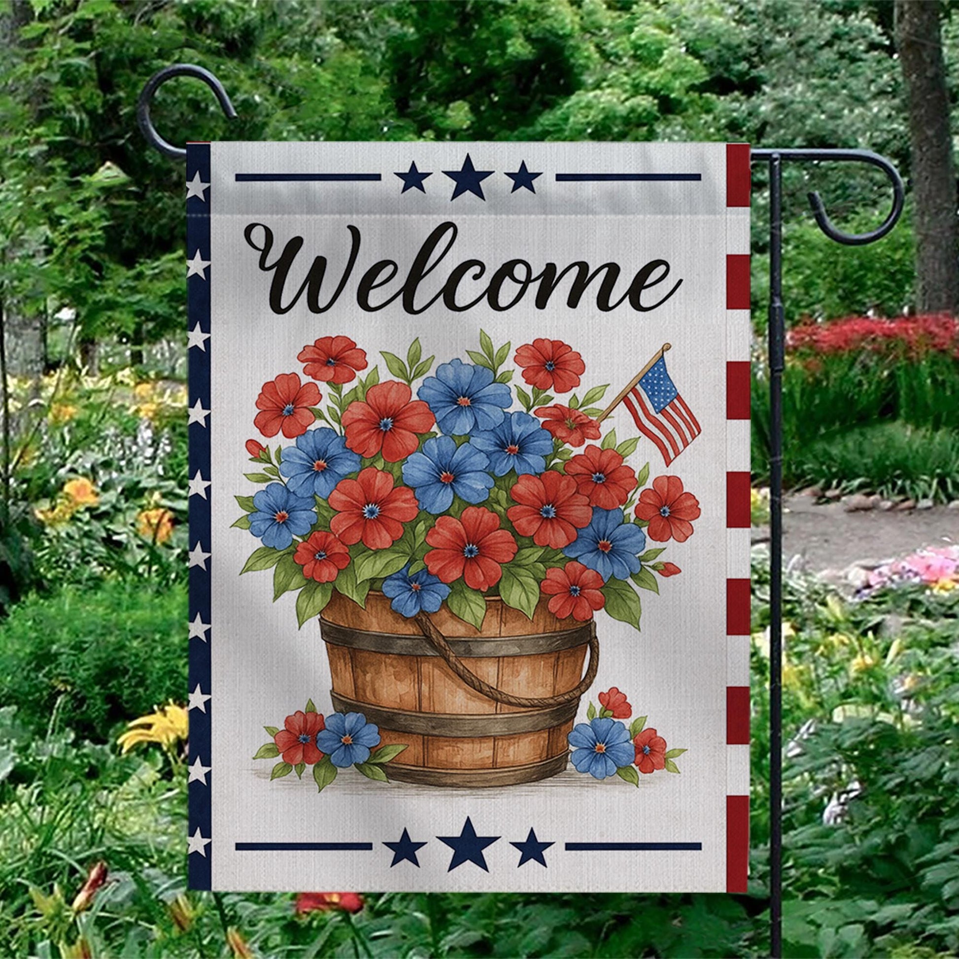 Patriotic Welcome Garden Flag – Red Blue Floral Basket with USA Flag, Outdoor Yard Decor for 4th of July & Summer
