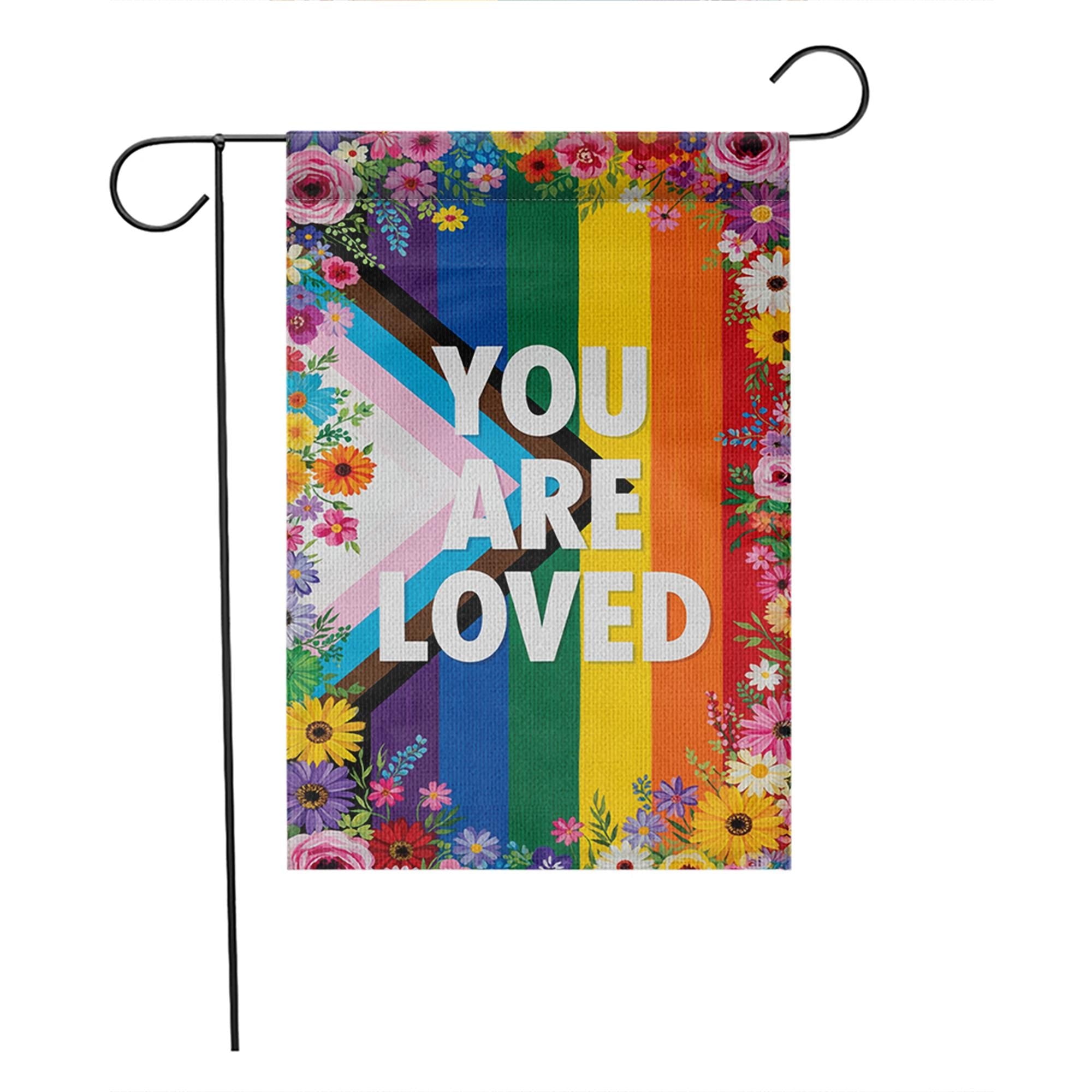 You Are Loved Pride Garden Flag – LGBTQ+ Progress Rainbow Flag with Flowers, Outdoor Yard Decor for Pride Month, Inclusive Love Sign