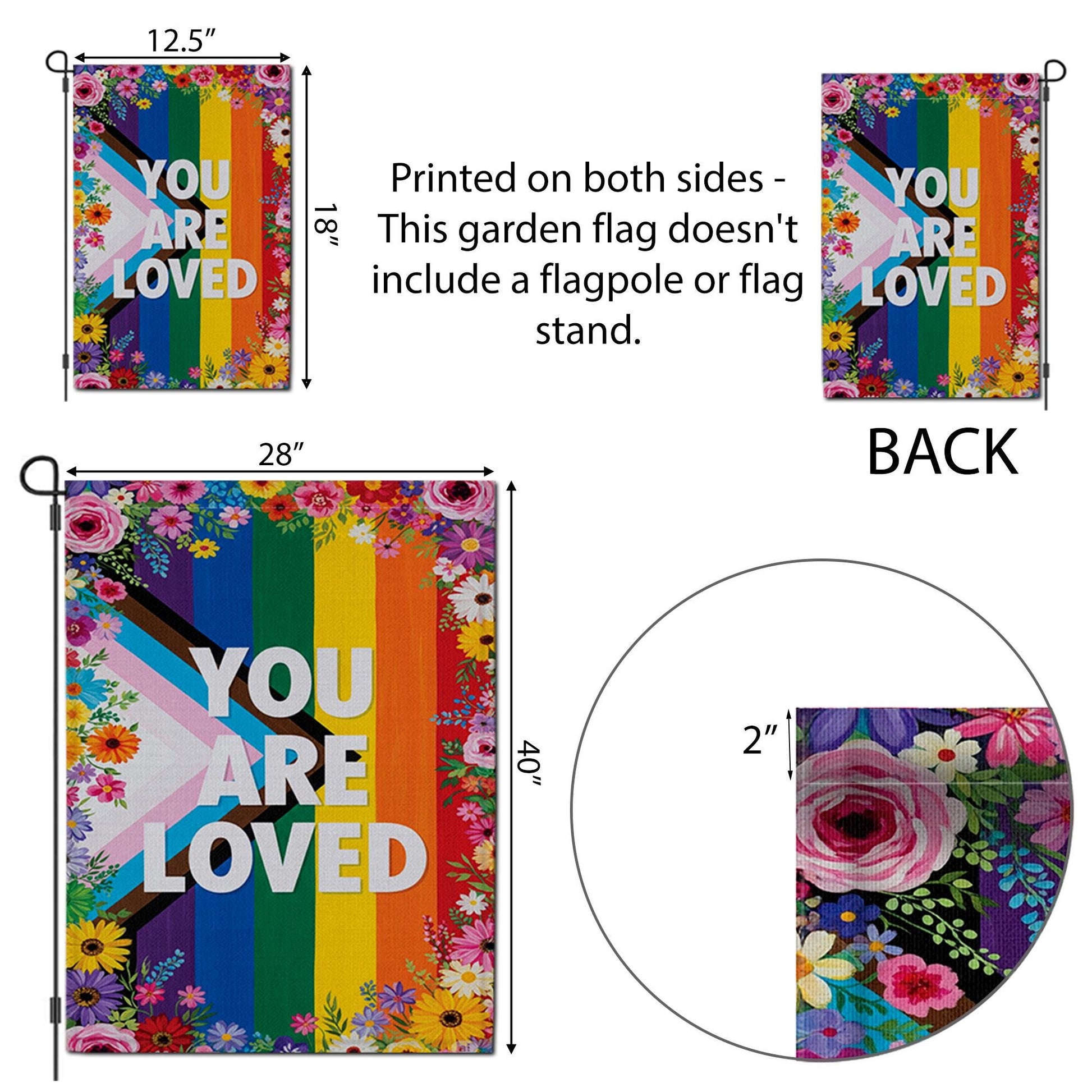 You Are Loved Pride Garden Flag – LGBTQ+ Progress Rainbow Flag with Flowers, Outdoor Yard Decor for Pride Month, Inclusive Love Sign