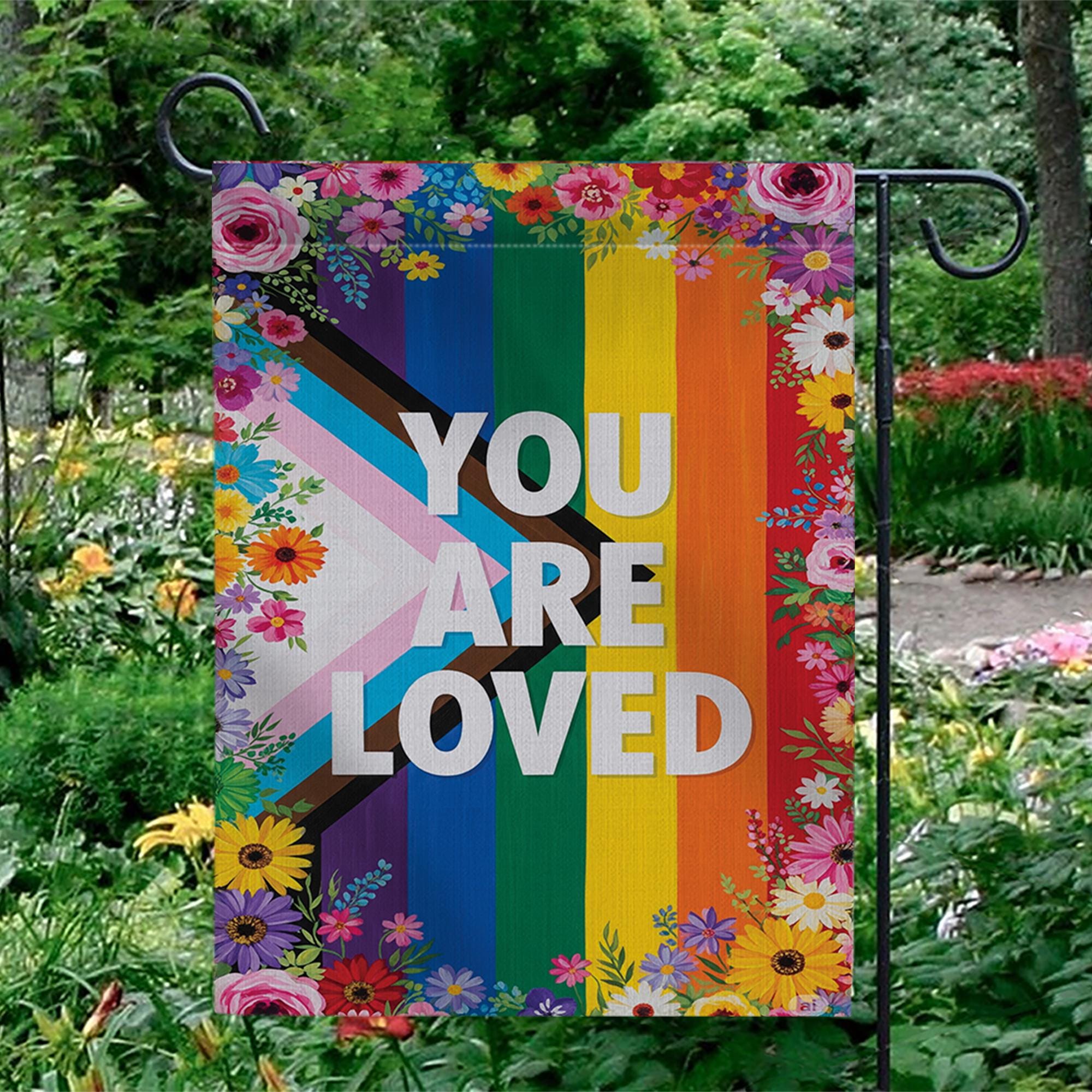 You Are Loved Pride Garden Flag – LGBTQ+ Progress Rainbow Flag with Flowers, Outdoor Yard Decor for Pride Month, Inclusive Love Sign