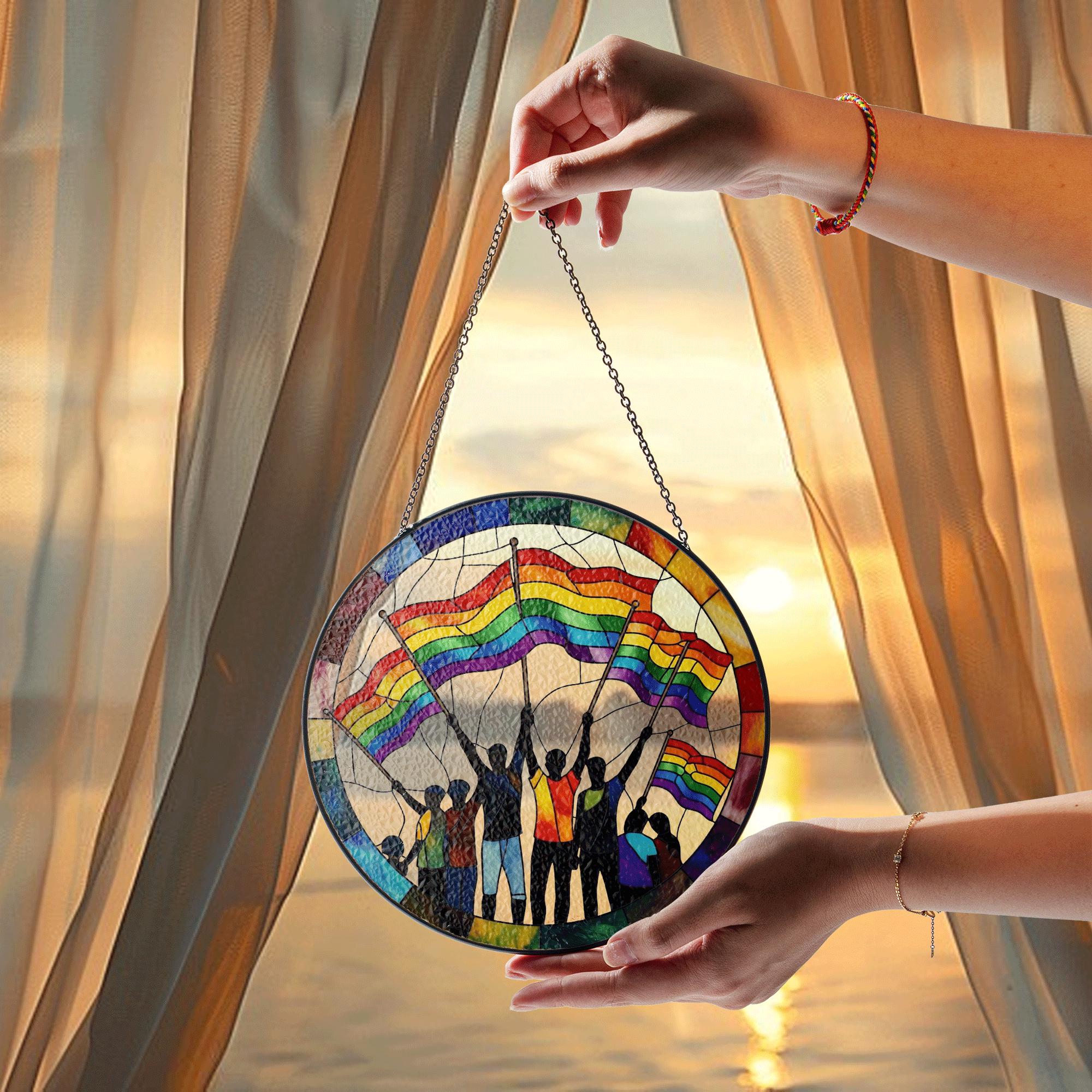 LGBT Pride Glass Suncatcher – Rainbow Flag Suncatcher, LGBTQ+ Equality Decor, Colorful Sunlight Catcher Gift, LGBT Hanging