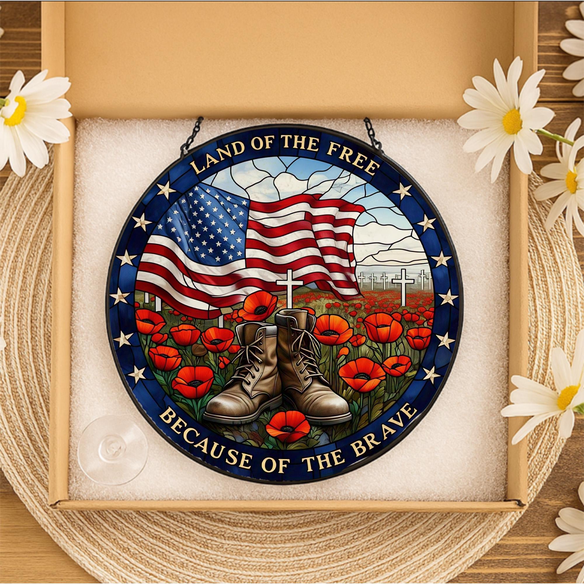 Patriotic Glass Suncatcher – Land of the Free Memorial Hanging Decor with Flag, Boots & Poppies, USA Tribute Gift