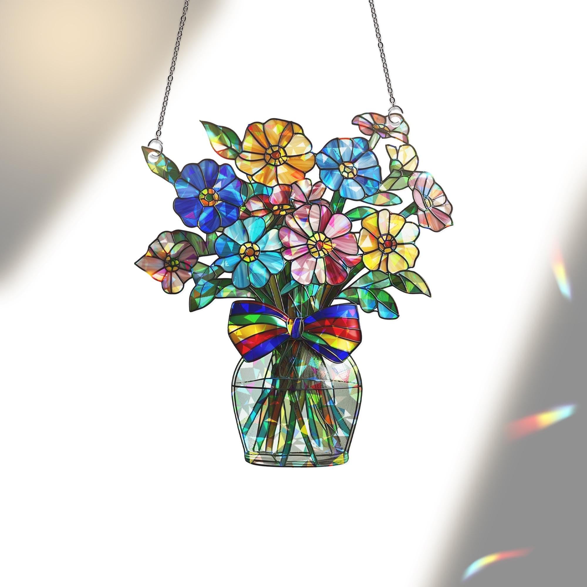 Rainbow Flower Vase Acrylic Window Hanging – Holographic LGBT Pride Suncatcher, Colorful Queer Boho Home Decor Gift