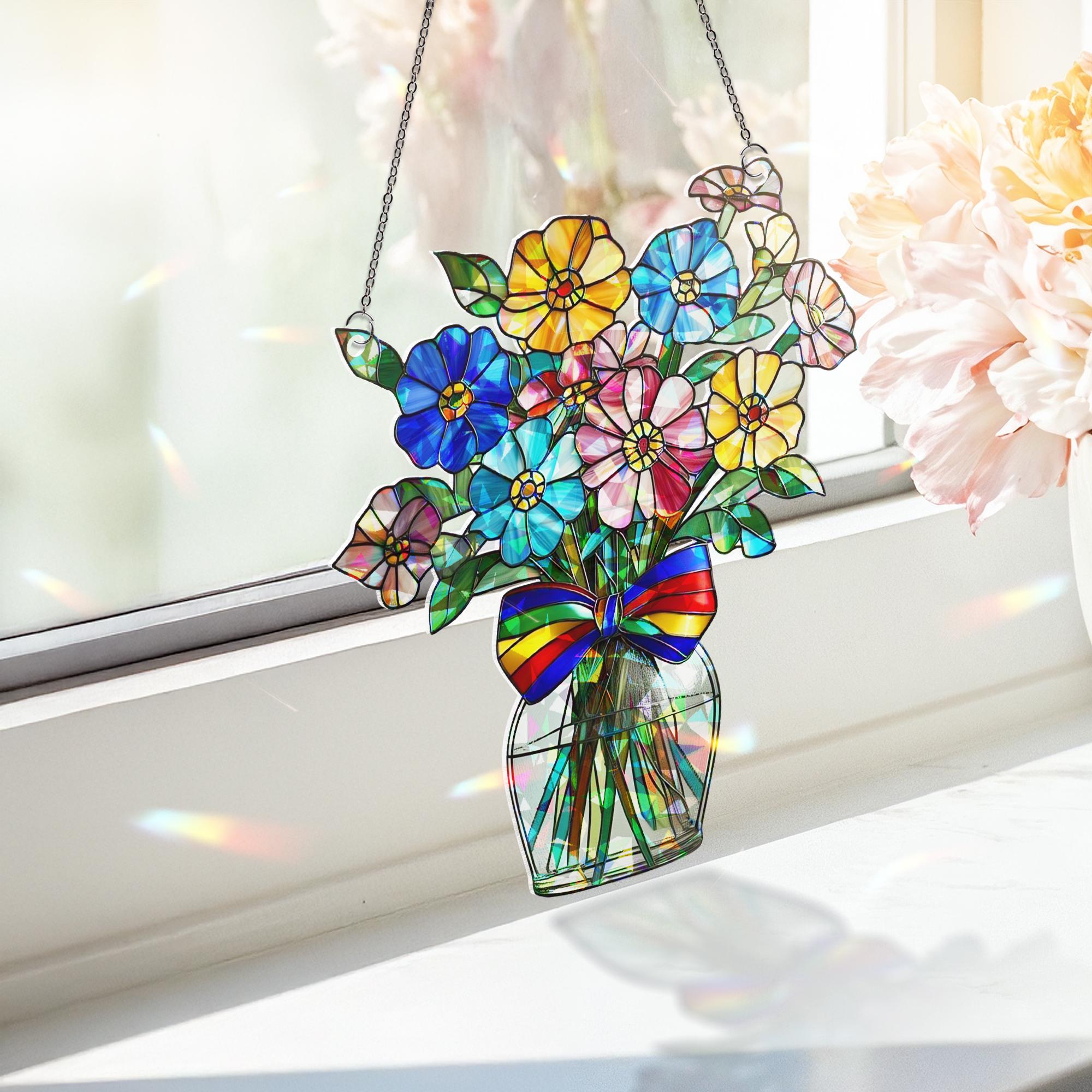 Rainbow Flower Vase Acrylic Window Hanging – Holographic LGBT Pride Suncatcher, Colorful Queer Boho Home Decor Gift