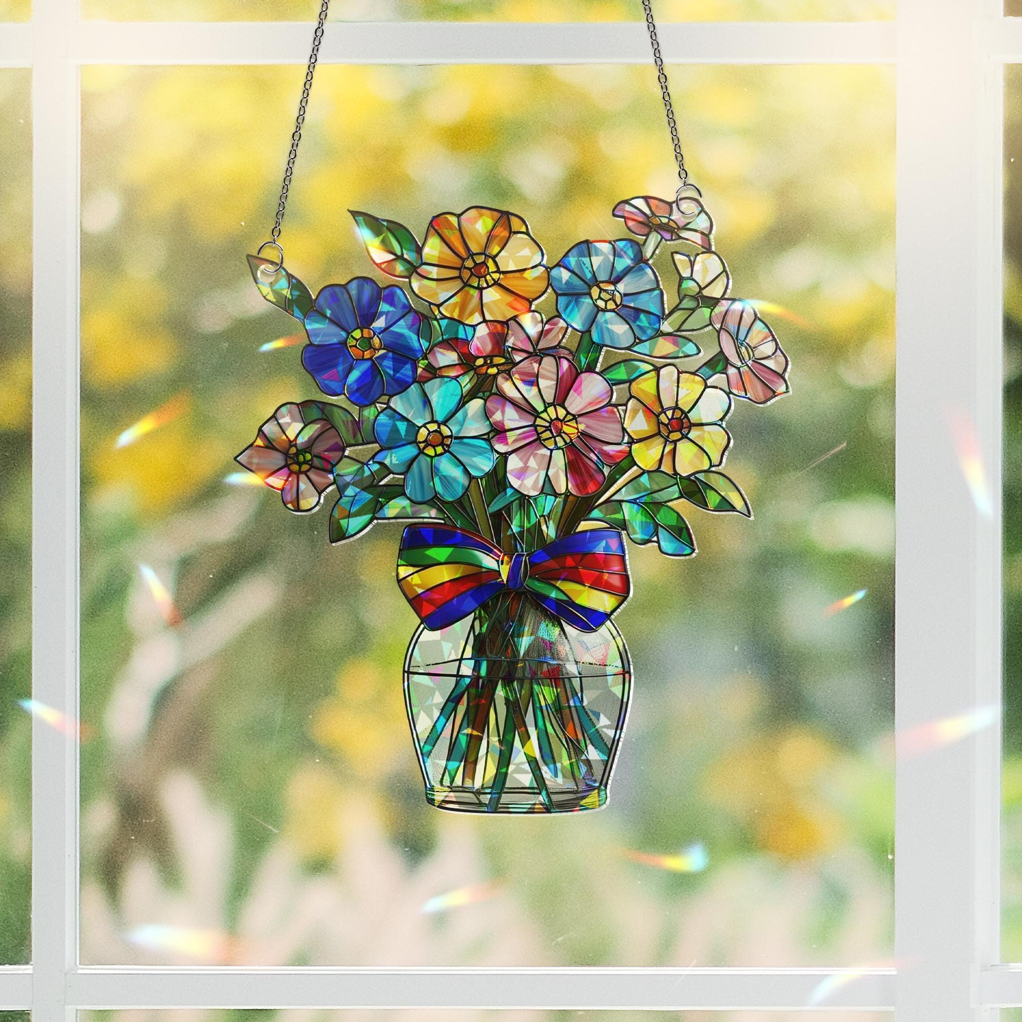 Rainbow Flower Vase Acrylic Window Hanging – Holographic LGBT Pride Suncatcher, Colorful Queer Boho Home Decor Gift