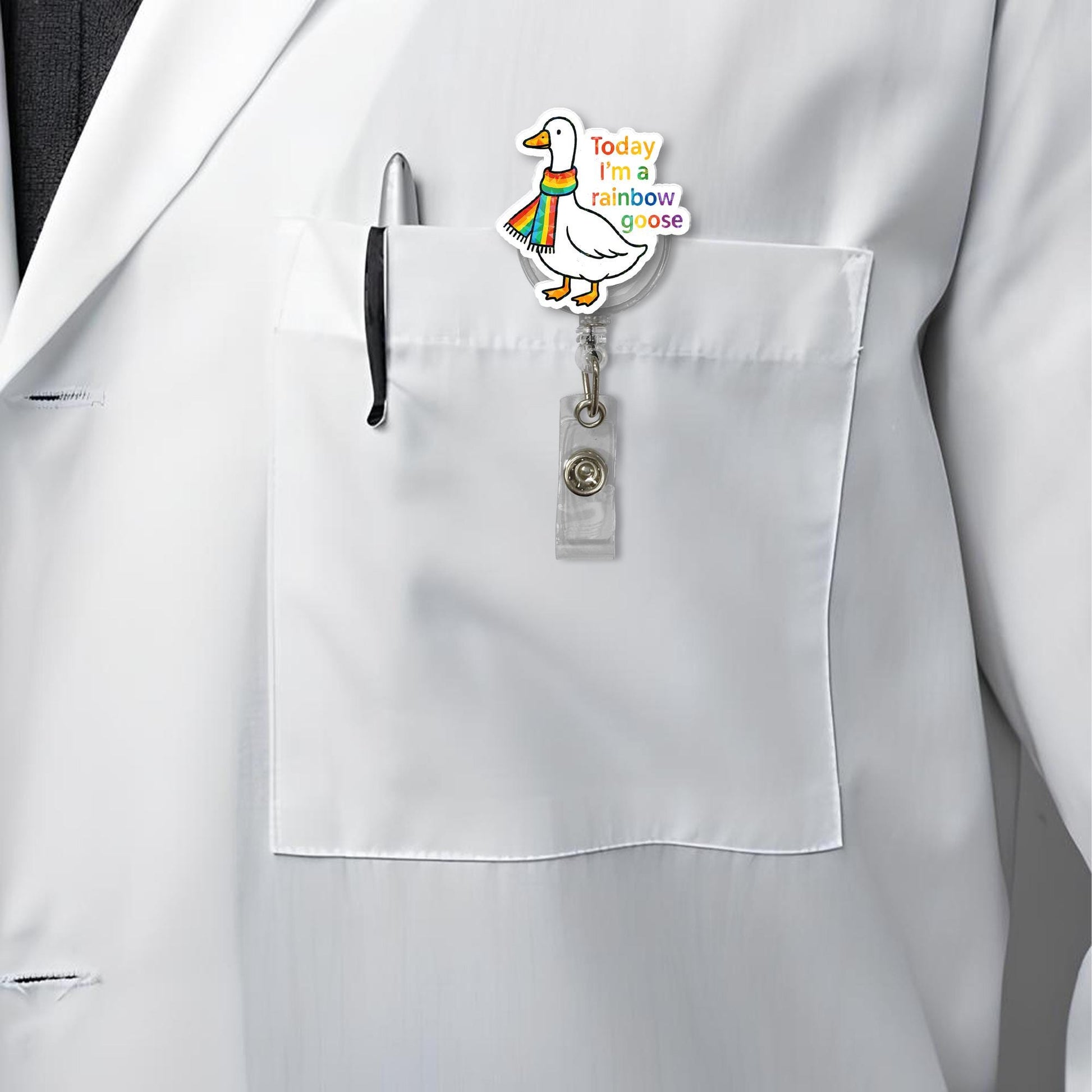 Rainbow Goose Badge Reel – Cute LGBT ID Holder with Pride Scarf, Funny LGBTQ+ Work Accessory for Nurses, Teachers, and Allies