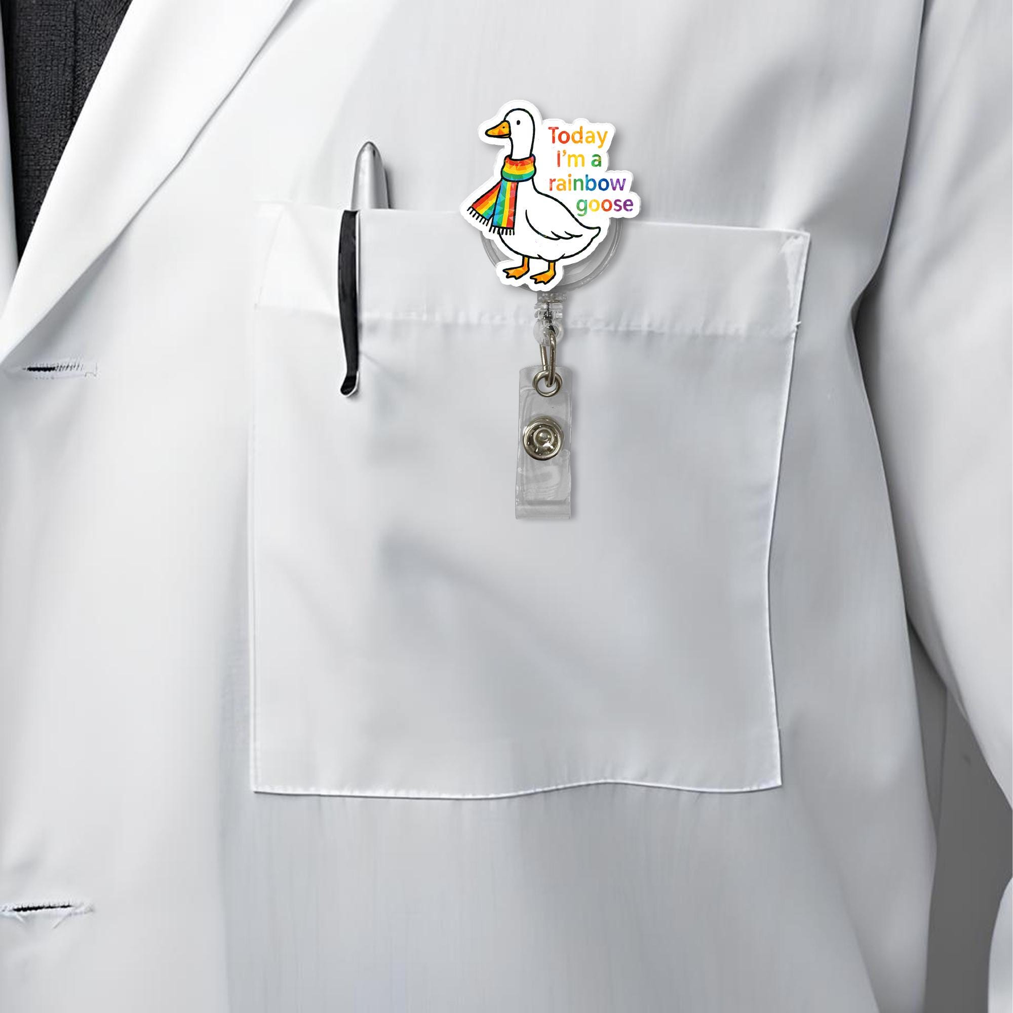 Rainbow Goose Badge Reel – Cute LGBT ID Holder with Pride Scarf, Funny LGBTQ+ Work Accessory for Nurses, Teachers, and Allies