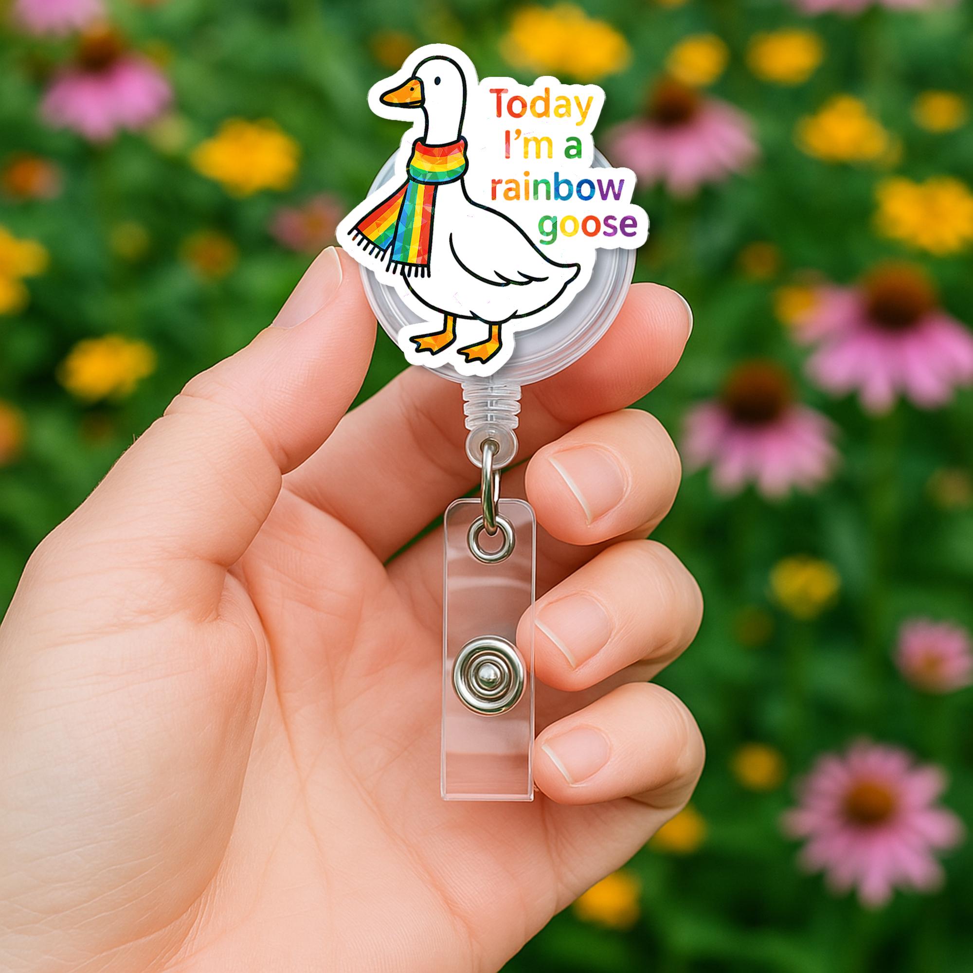 Rainbow Goose Badge Reel – Cute LGBT ID Holder with Pride Scarf, Funny LGBTQ+ Work Accessory for Nurses, Teachers, and Allies