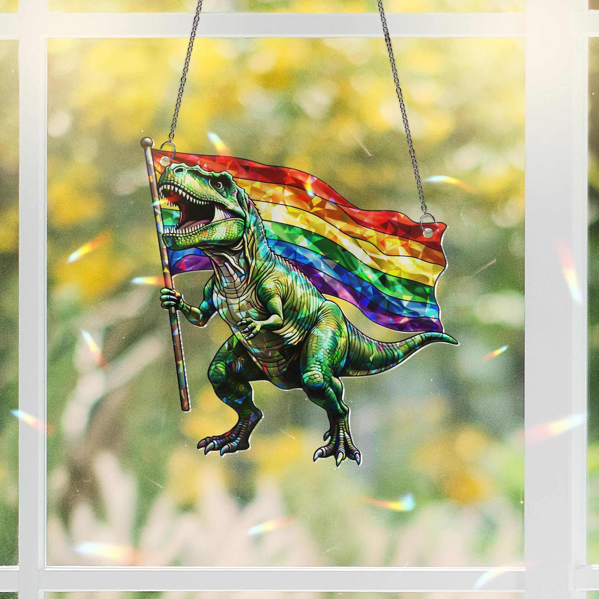 Pride Dinosaur Acrylic Window Hanging – Rainbow T-Rex LGBTQ+ Hanging, Funny LGBT Decor for Windows, Gifts for Allies & Pride Lovers