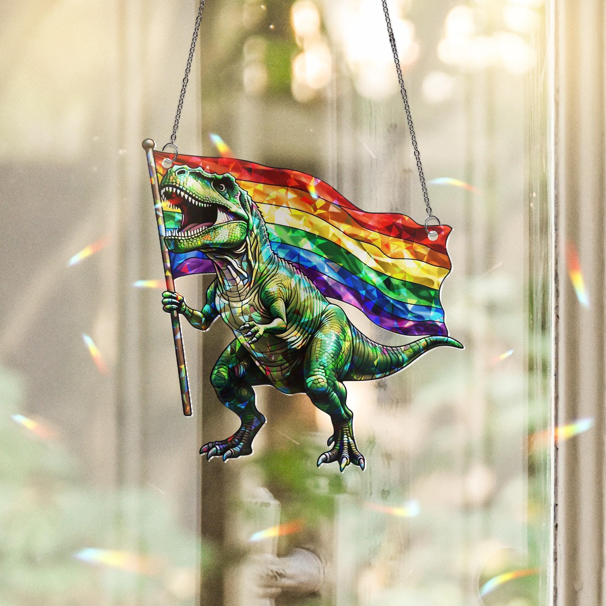 Pride Dinosaur Acrylic Window Hanging – Rainbow T-Rex LGBTQ+ Hanging, Funny LGBT Decor for Windows, Gifts for Allies & Pride Lovers