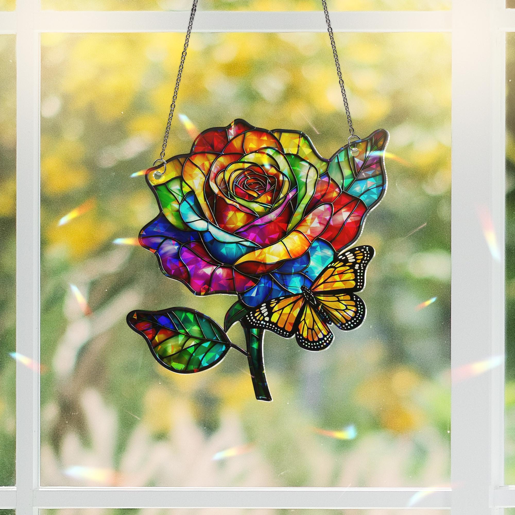 Rainbow Rose Acrylic Window Hanging with Butterfly – Colorful Floral Suncatcher, Pride Window Decor, Summer Gift, LGBTQ+ Window Art