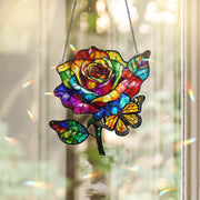 Rainbow Rose Acrylic Window Hanging with Butterfly – Colorful Floral Suncatcher, Pride Window Decor, Summer Gift, LGBTQ+ Window Art