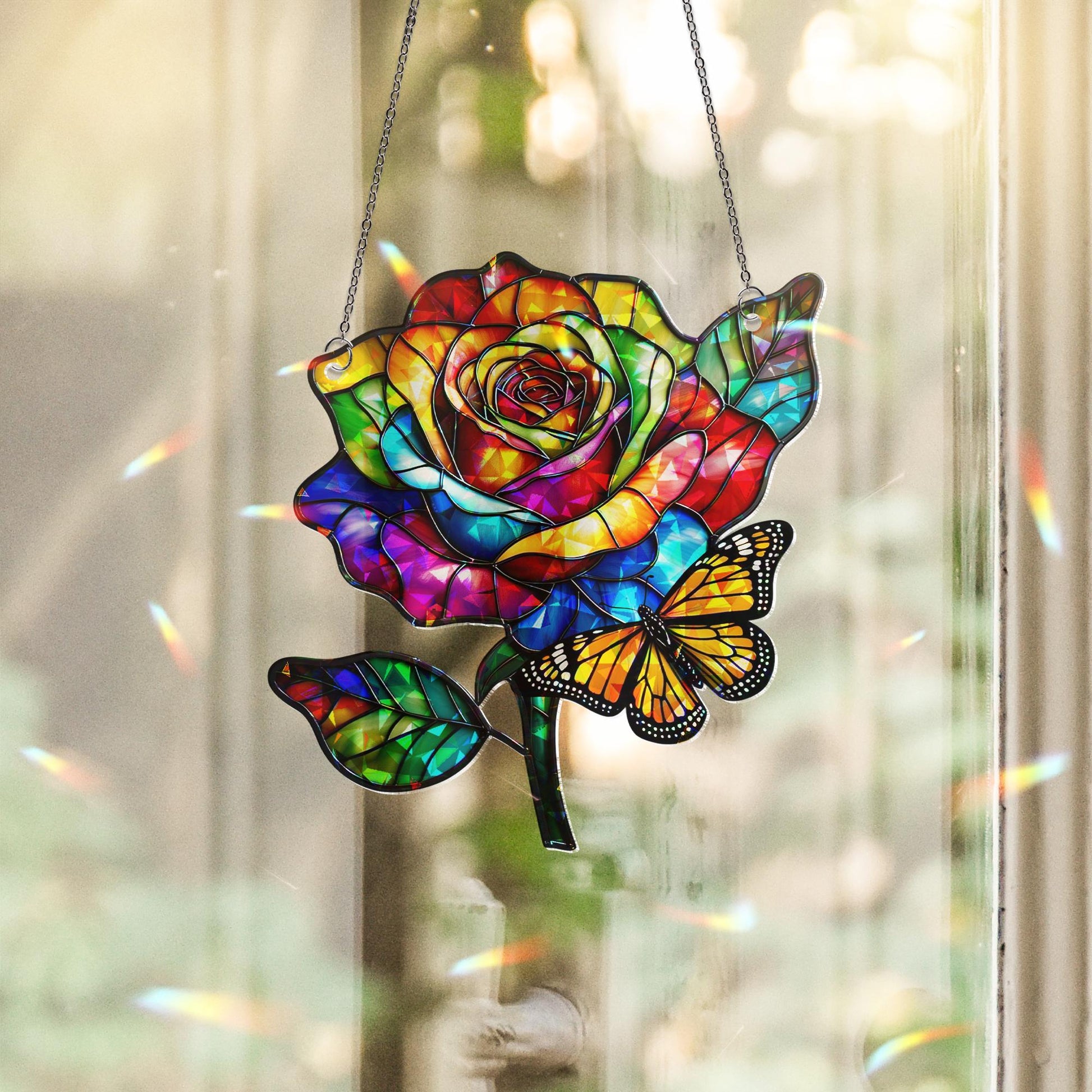 Rainbow Rose Acrylic Window Hanging with Butterfly – Colorful Floral Suncatcher, Pride Window Decor, Summer Gift, LGBTQ+ Window Art